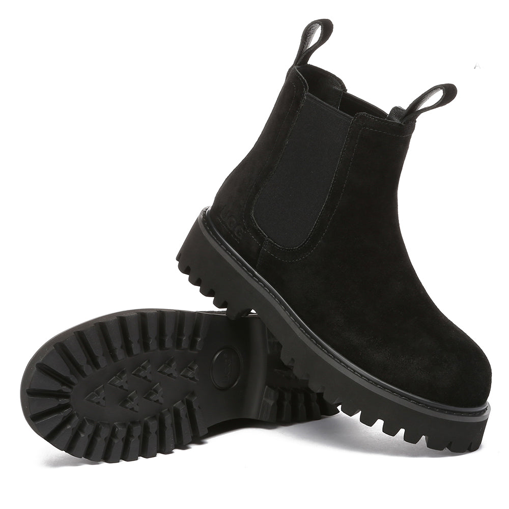 Black EverUgg women’s Chelsea boots with elastic side panels and low heel, stylish ankle boots for versatile wear.