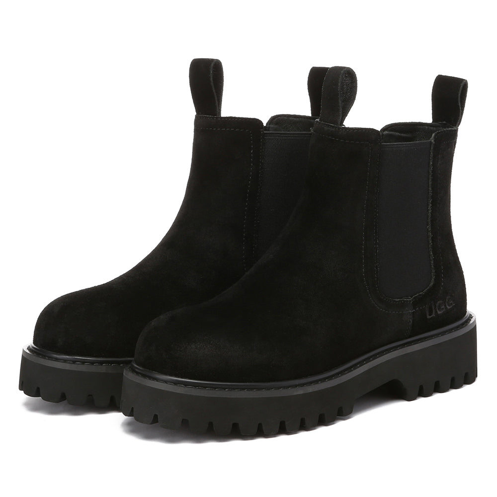 Black women Chelsea boots by EverUgg featuring sleek leather design and elastic side panels for easy wear.