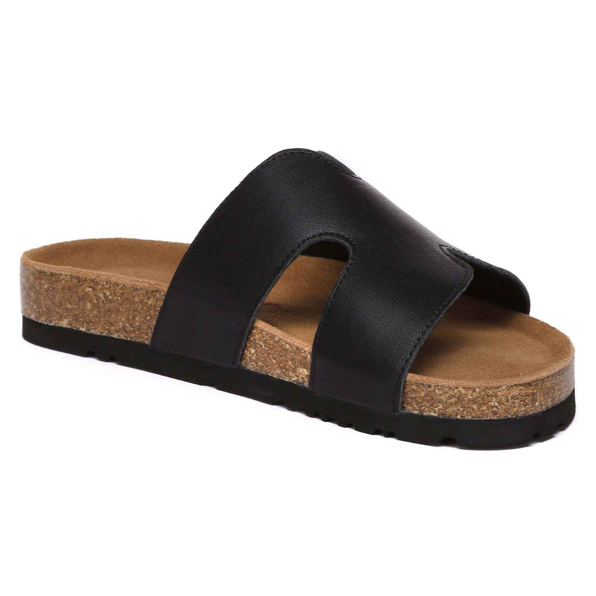 Women cork style leather slides by EverUgg featuring open-toe design and slip-on style, perfect for casual summer wear.