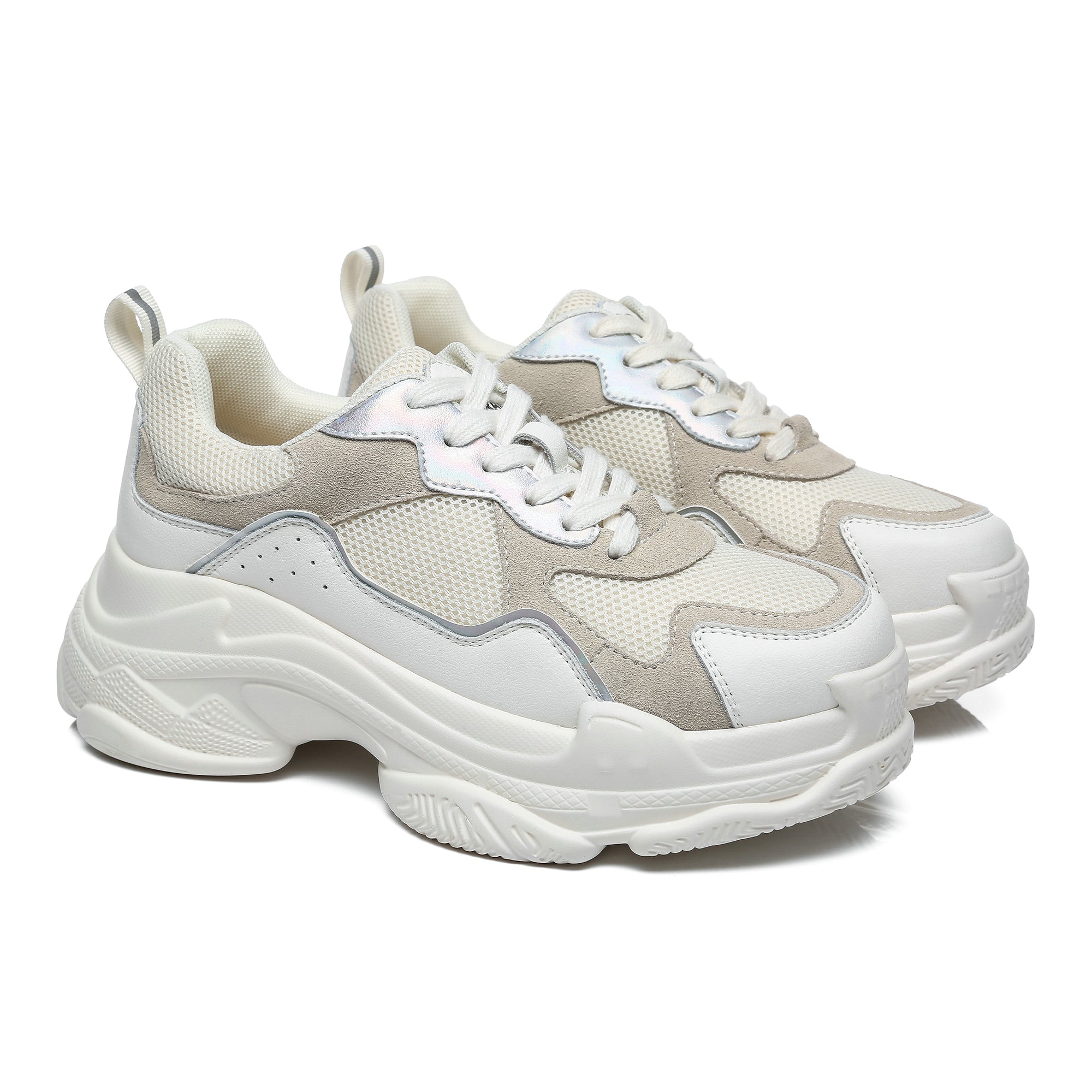 White women platform sneakers by EverUgg, showing the side view with chunky soles and stylish laces.