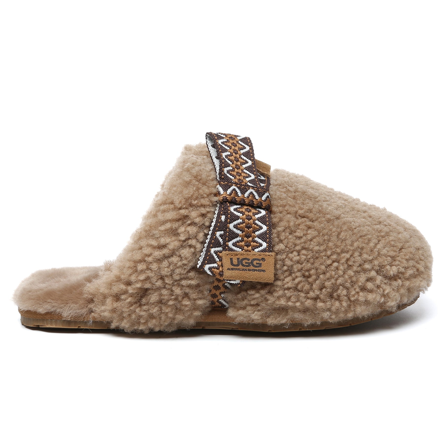 Brown Wool Bow Stitch UGG slippers for women with cozy slip-on design and plush interior.