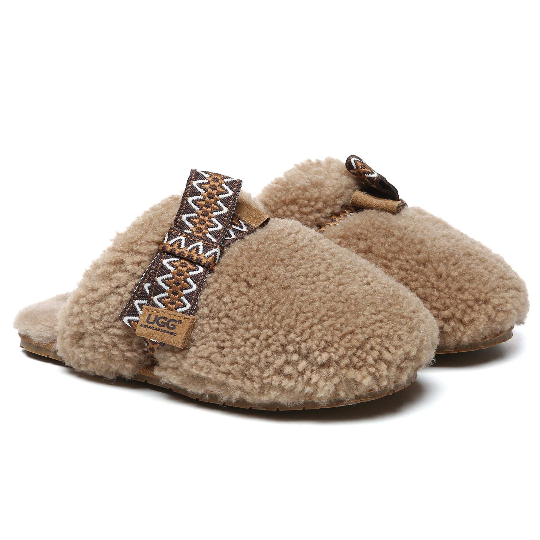 Brown Wool Bow Stitch UGG slippers for women with cozy wool lining and slip-on style, designed for comfort and warmth.