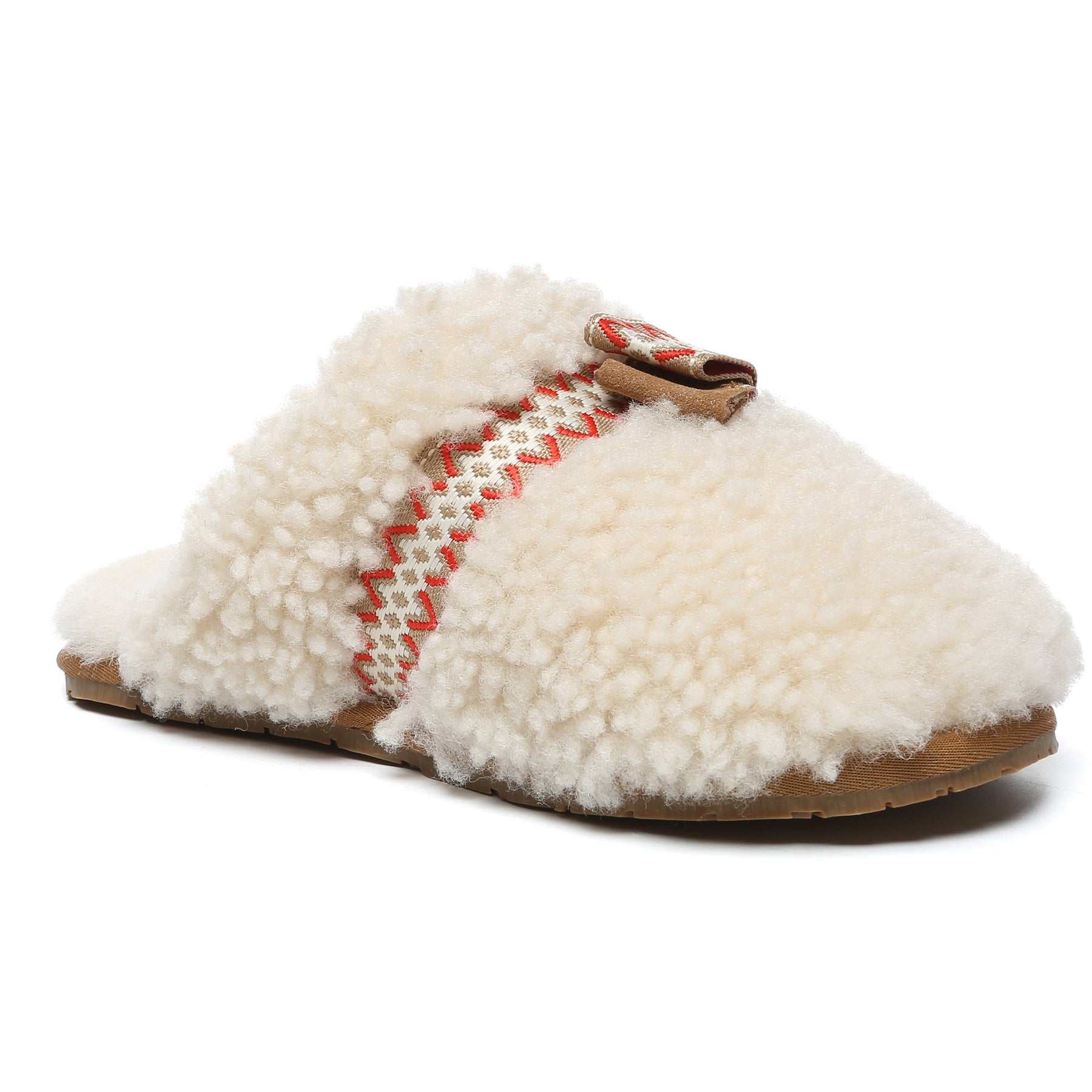 Cream UGG slippers with wool bow stitch detail, women's slip-on shoes, soft and cozy for indoor wear.