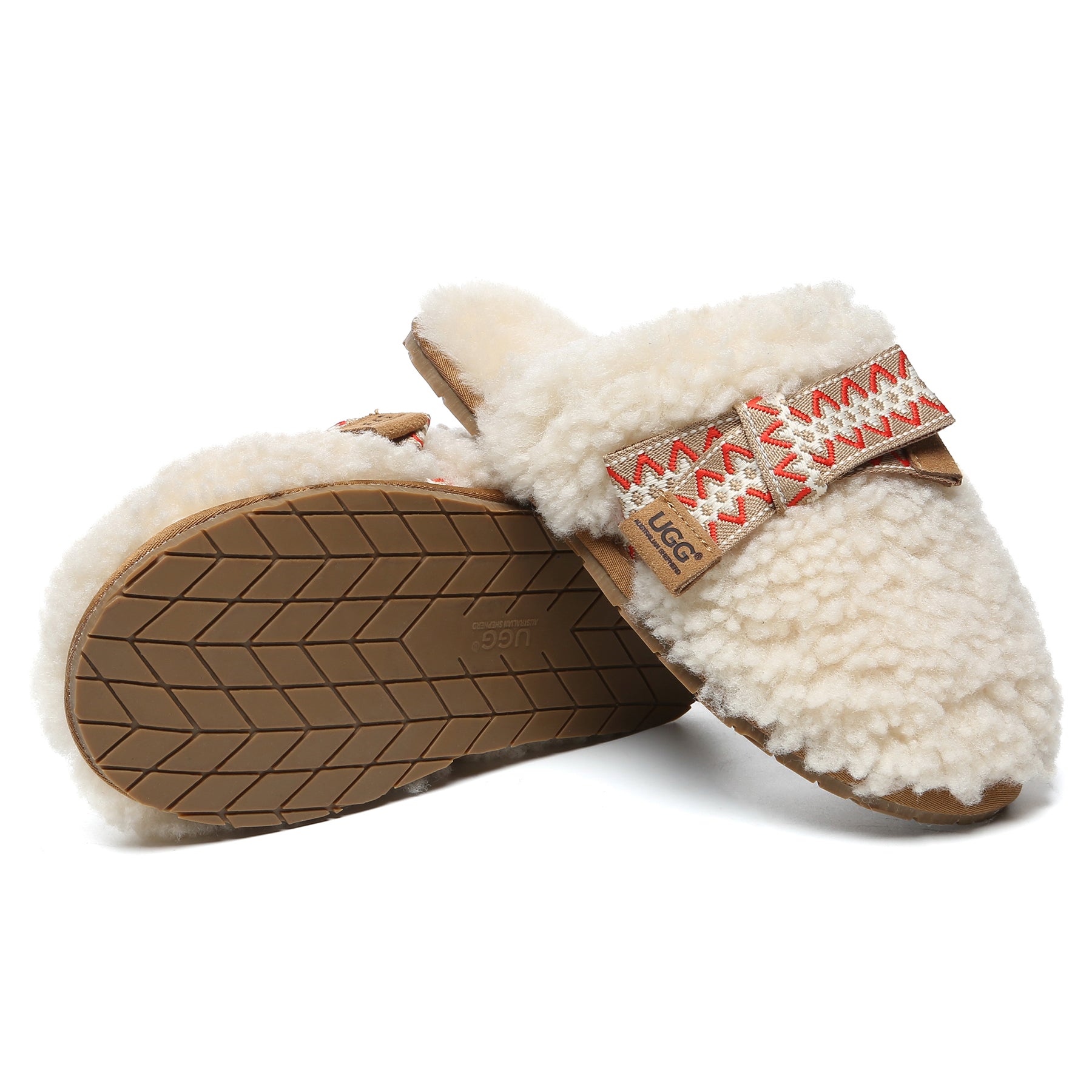 Cream wool UGG slippers with bow stitch detail and slip-on design, women's cozy slide footwear from EverUgg.