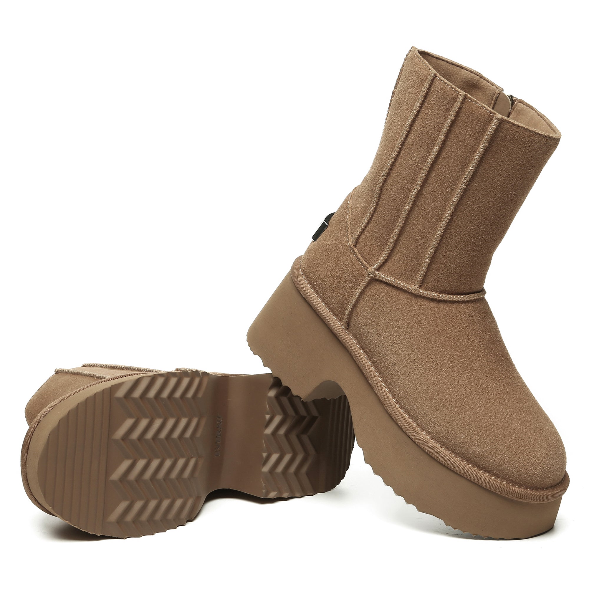 EverUgg Yana Zippers Heel Short Platform Boots, black leather shoes with zipper details and chunky heels for women.