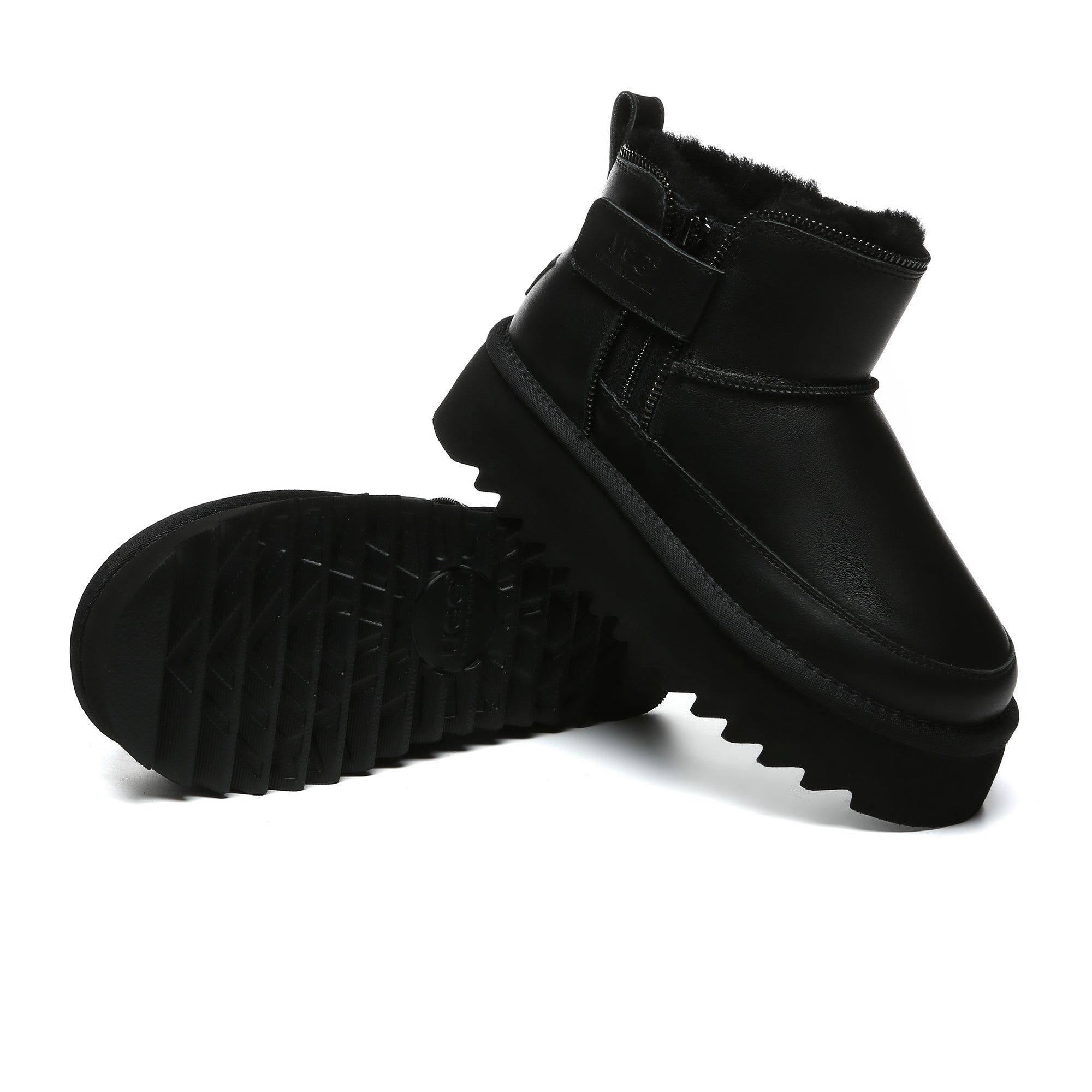 EverUgg zipper ankle UGG platform boots for women, showing black boots with side zipper detail and chunky platform sole.