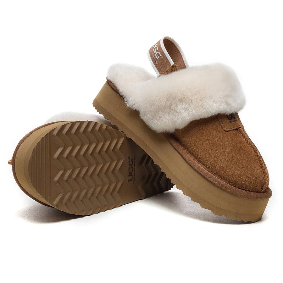 EverUgg Beta Platform UGG slippers with plush lining and chunky sole, shown on a chest surface.