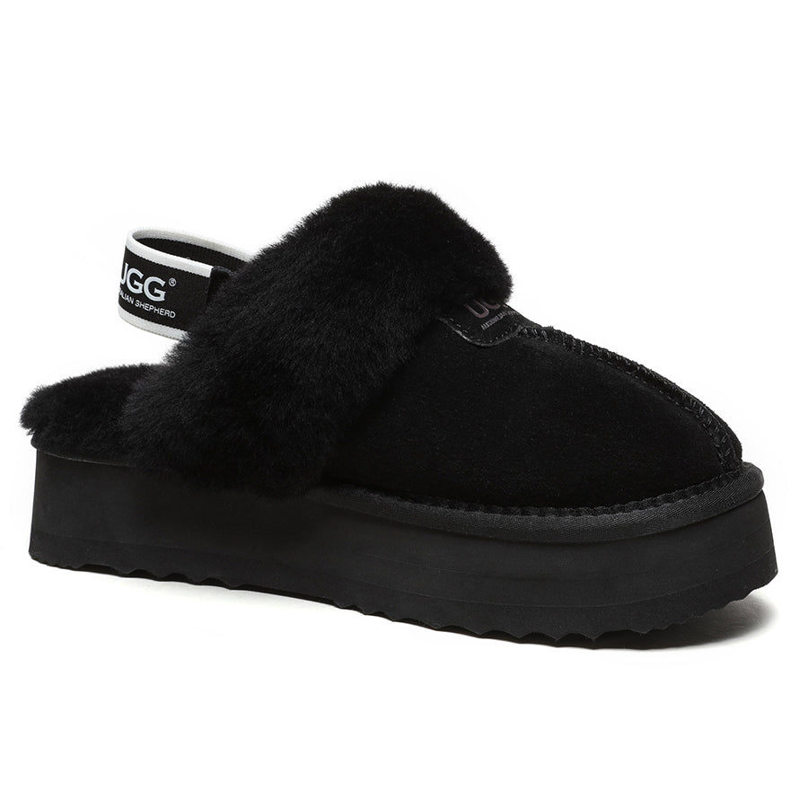 Black EverUgg Beta Platform UGG slippers with cushioned sole and slip-on design, ideal for comfortable indoor wear.