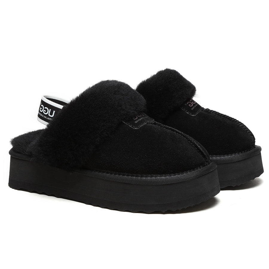 Black EverUgg Beta Platform UGG slippers with thick soles and plush interior, shown on a flat surface.