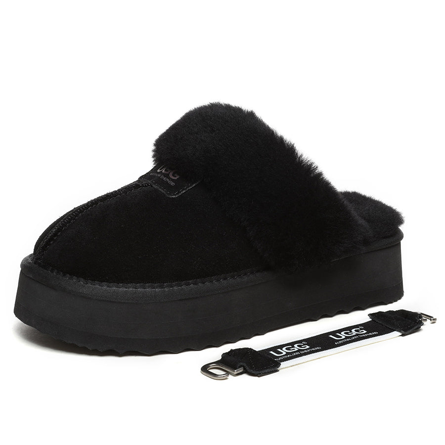 Black EverUgg Beta Platform UGG slippers with thick soles and cozy design, ideal for comfortable indoor wear.