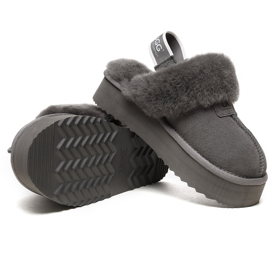 Grey EverUgg Beta Platform UGG slippers with plush interior and thick sole, designed for comfort and casual wear.