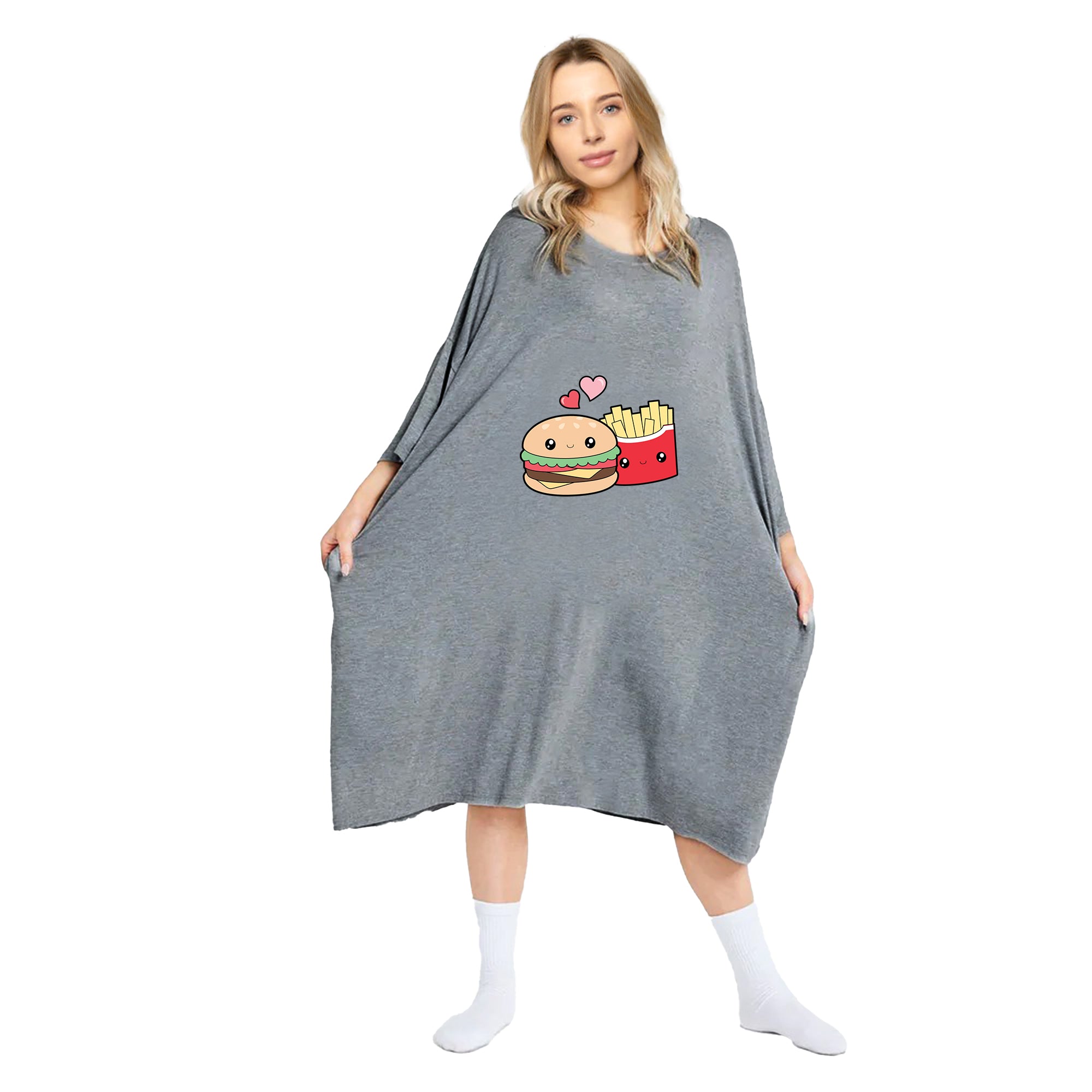 Snuggyz oversized t-shirt featuring a colorful burger and chips print, casual fit, perfect for relaxed, trendy streetwear style.