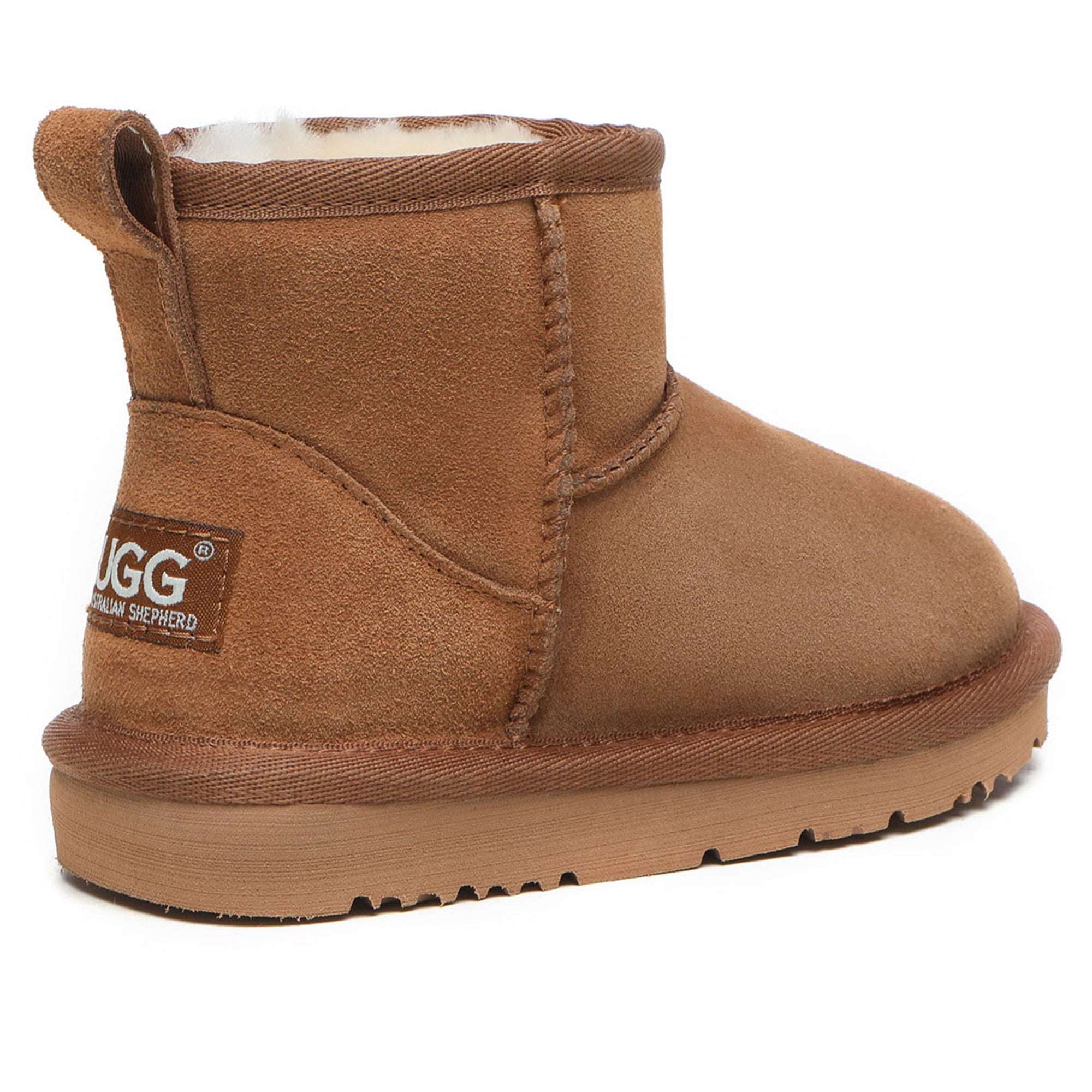 Close-up of classic mini kids UGG boots by EverUgg featuring soft suede material and cozy fur lining.