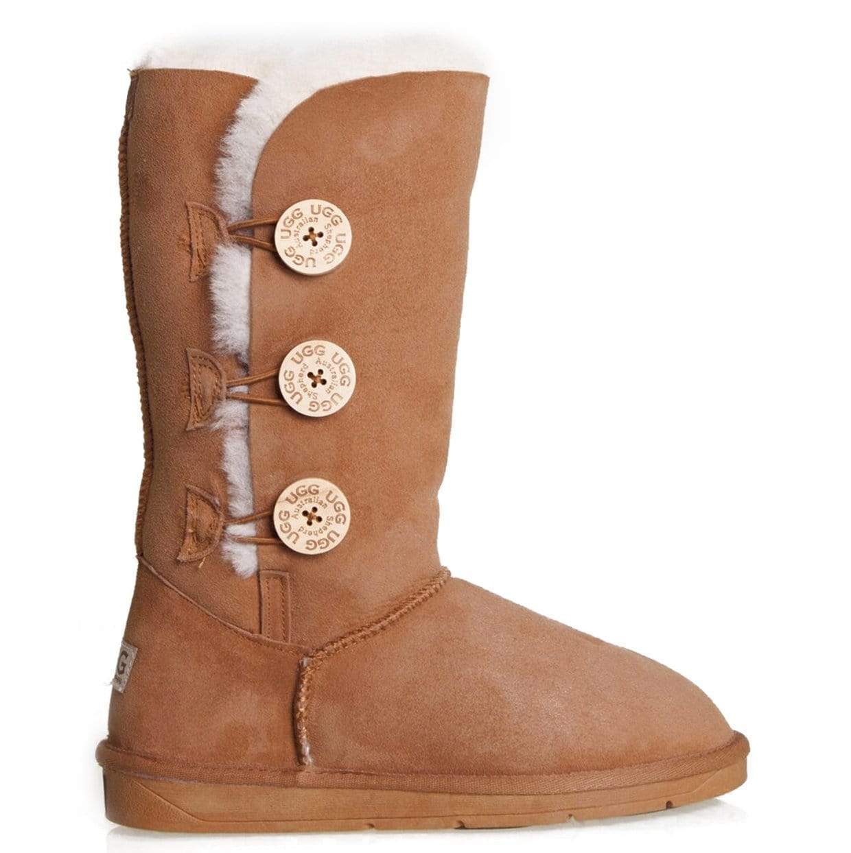 EverUgg Classic Tall 3-Button UGG Boots in chestnut color showing the knee-high style with three-button details for women and men