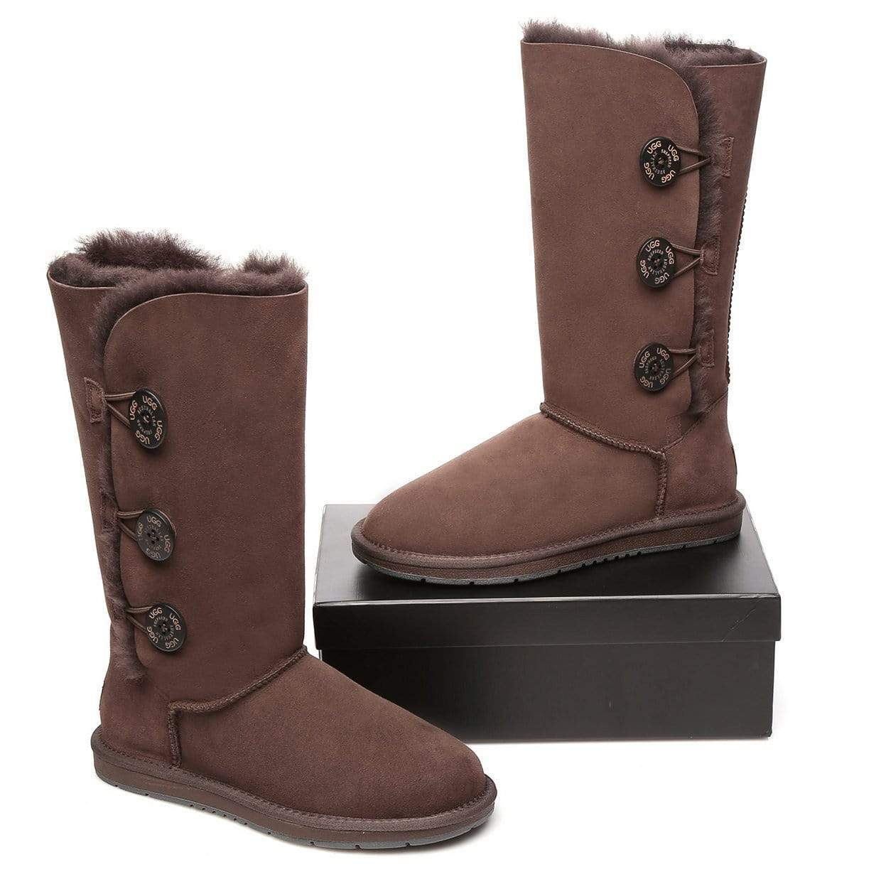 EverUgg Classic Tall 3-Button UGG boots for women with button details and cozy fur lining, designed for stylish winter wear.