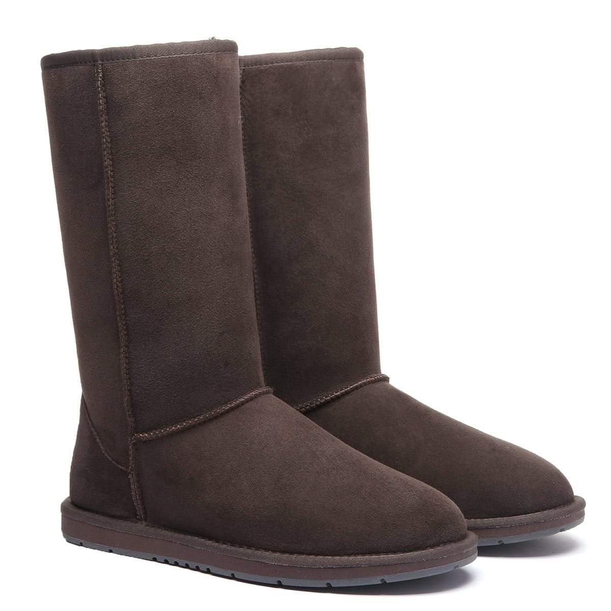 EverUgg Classic Tall UGG boots for women with plush sheepskin lining and suede exterior, shown on a model's legs.