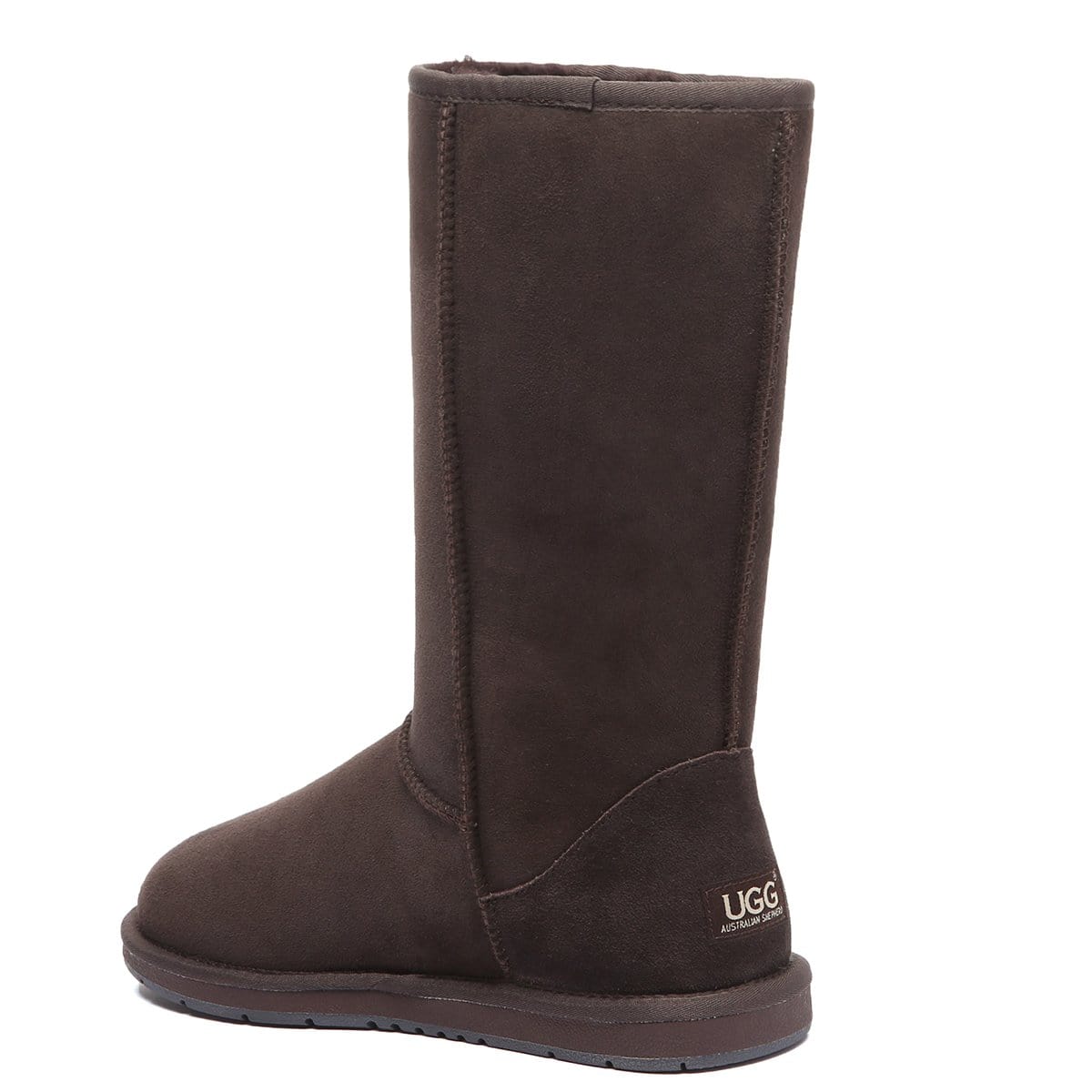 Women’s tall Classic UGG boots by EverUgg with soft sheepskin lining and suede exterior, shown in a side view.
