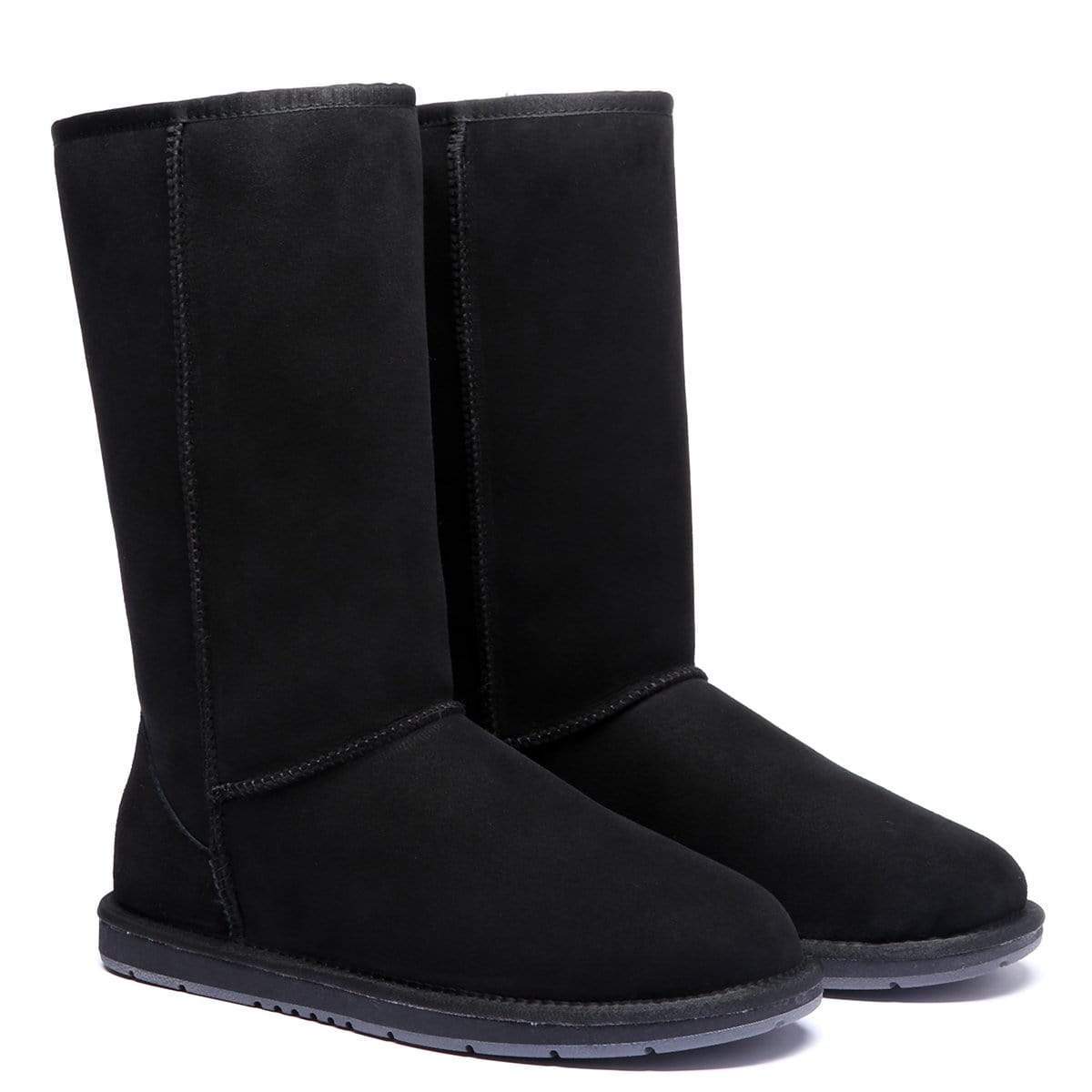 EverUgg Classic Tall UGG boots for women, brown sheepskin-lined shoes with plush interior and suede exterior.