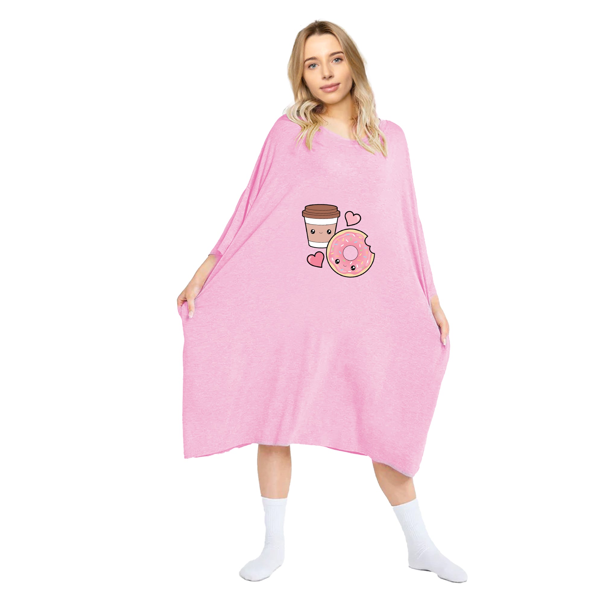 Pink oversized T-shirt by Snuggyz featuring a colorful donut and coffee print design.