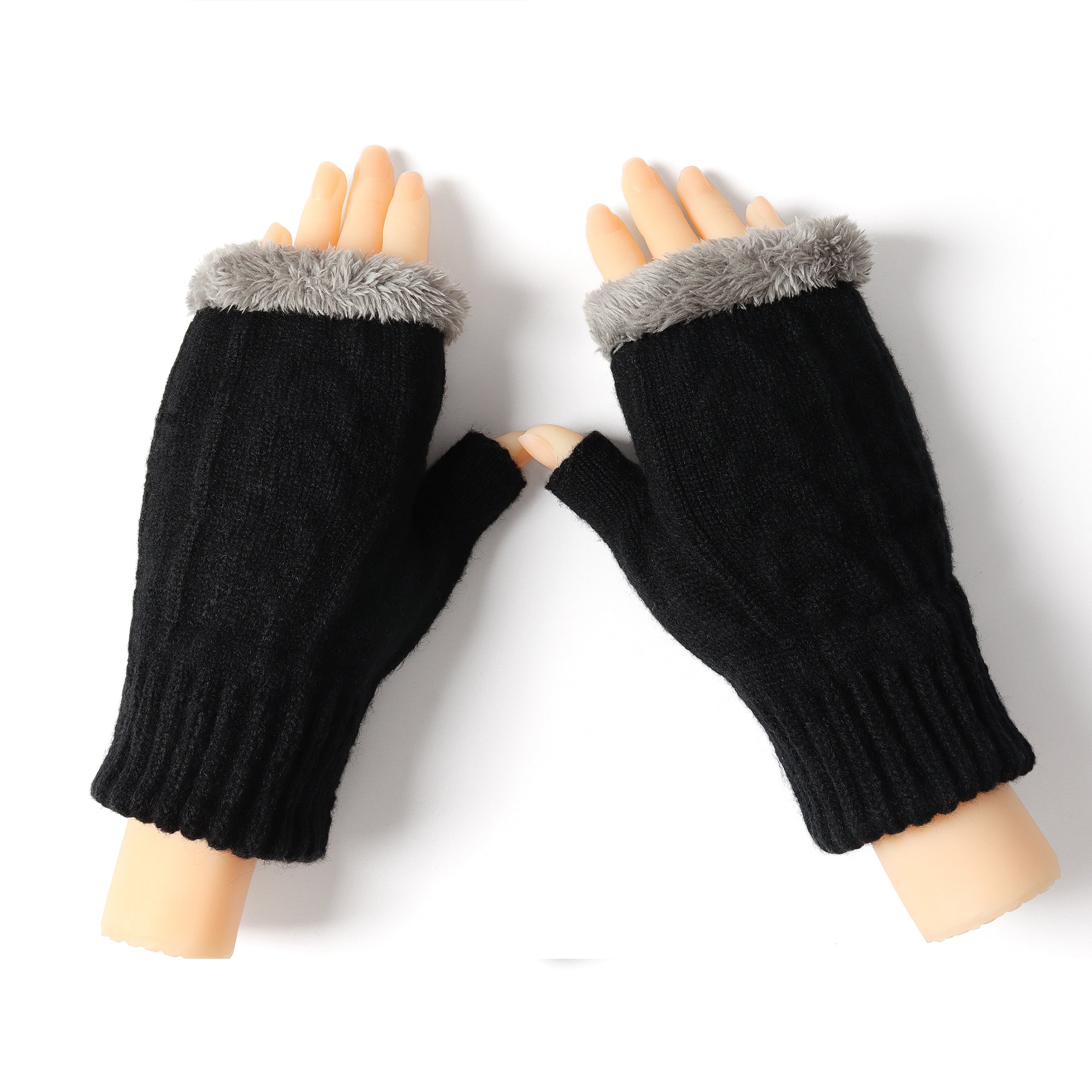 Black EverUgg fingerless ultra plush knit gloves with ribbed cuffs, showing the cozy, textured fabric and open fingertips.