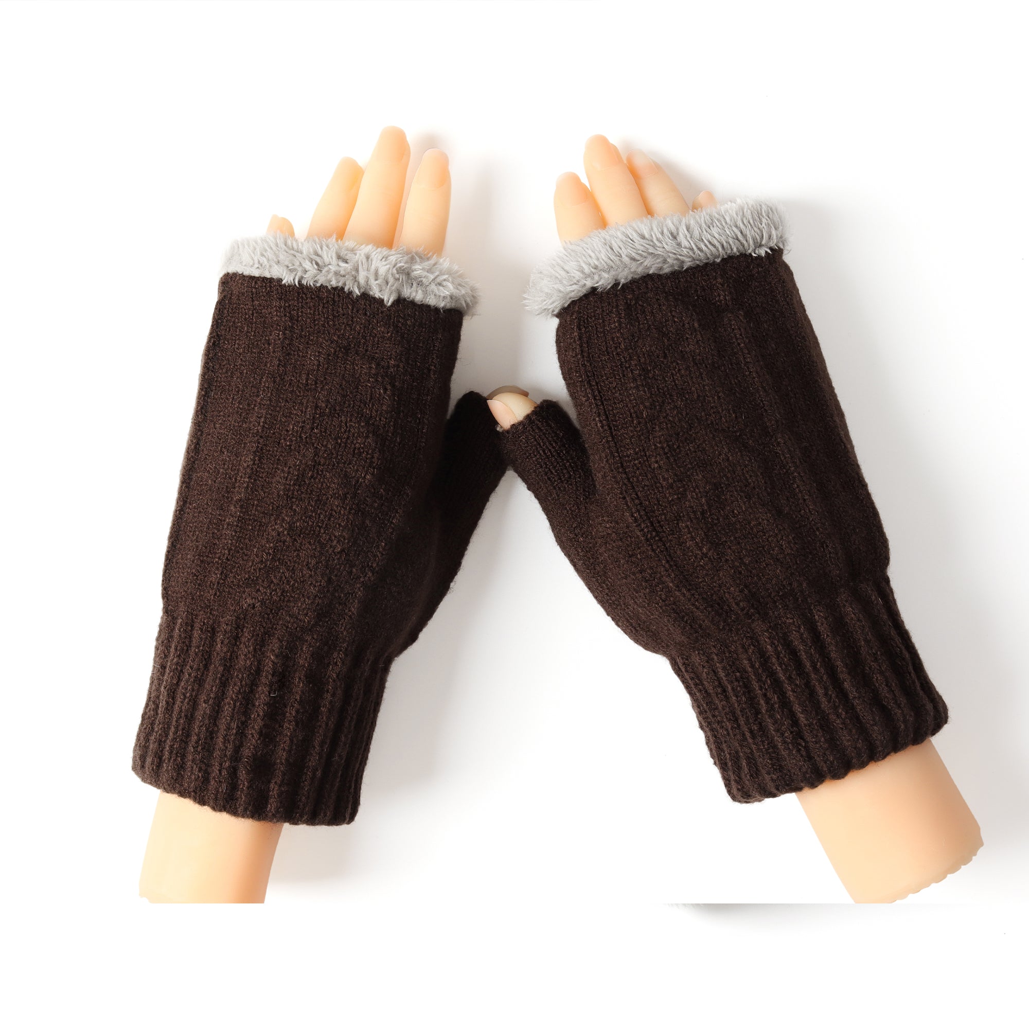Chocolate brown EverUgg fingerless ultra plush knit gloves with ribbed cuffs, designed for warmth and comfort.