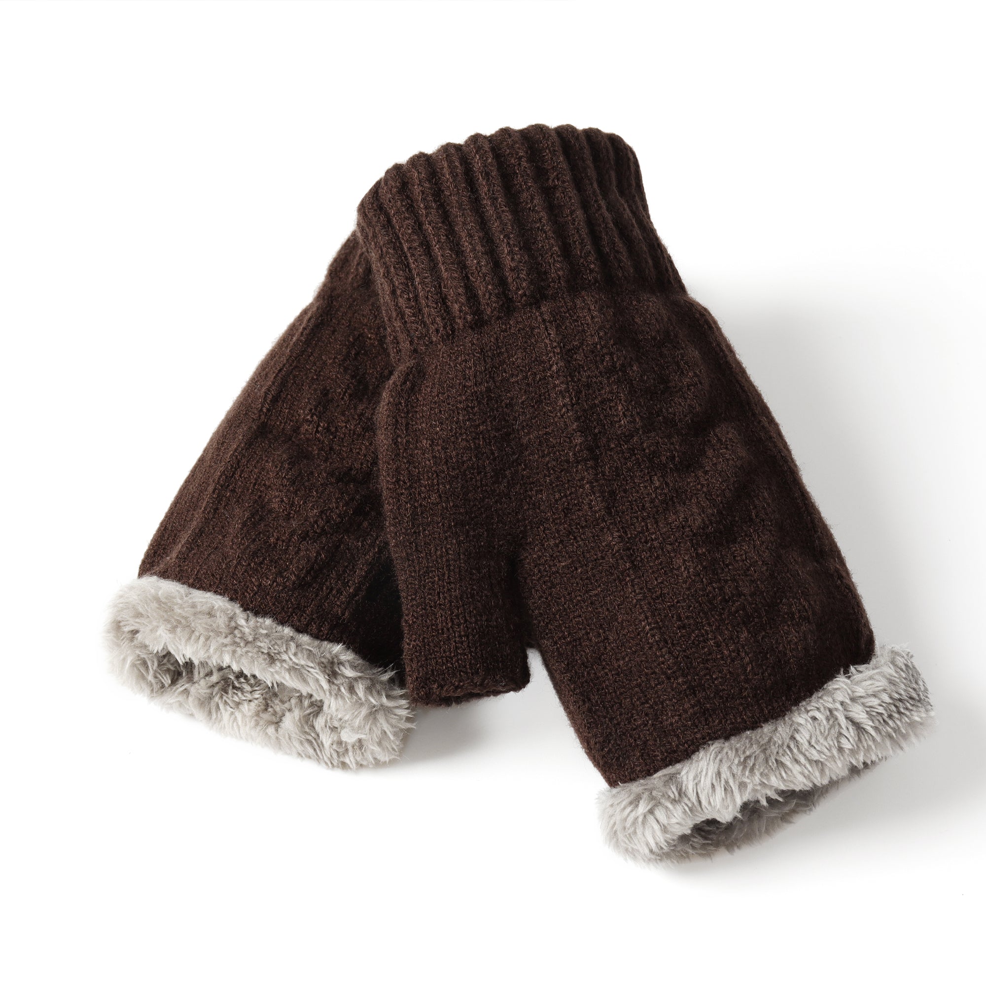 Chocolate ultra plush knit fingerless gloves by EverUgg, showing soft, cozy fabric and stylish design for cold weather.