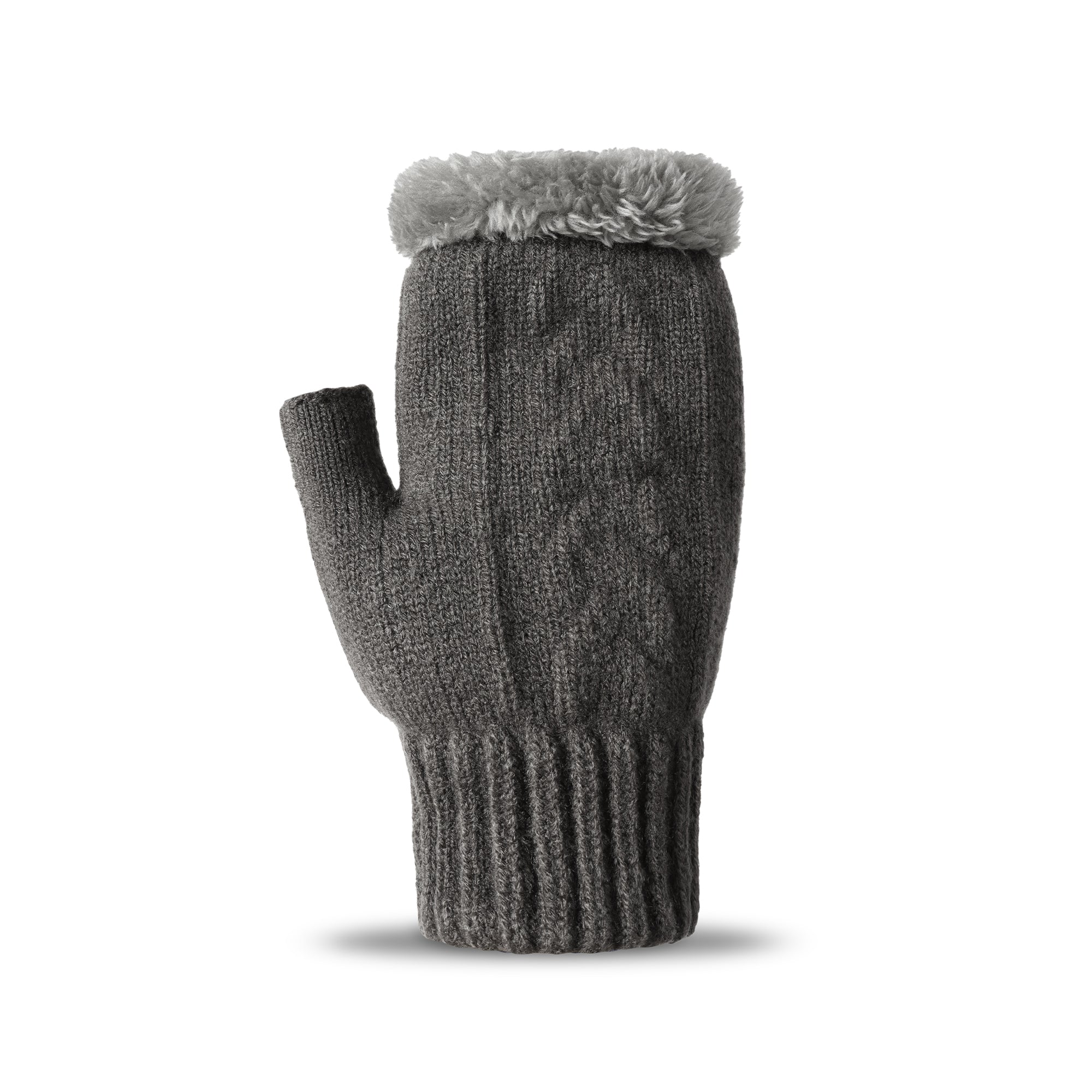 Grey EverUgg fingerless ultra plush knit gloves showing soft, cozy fabric and stylish design for warmth and comfort.