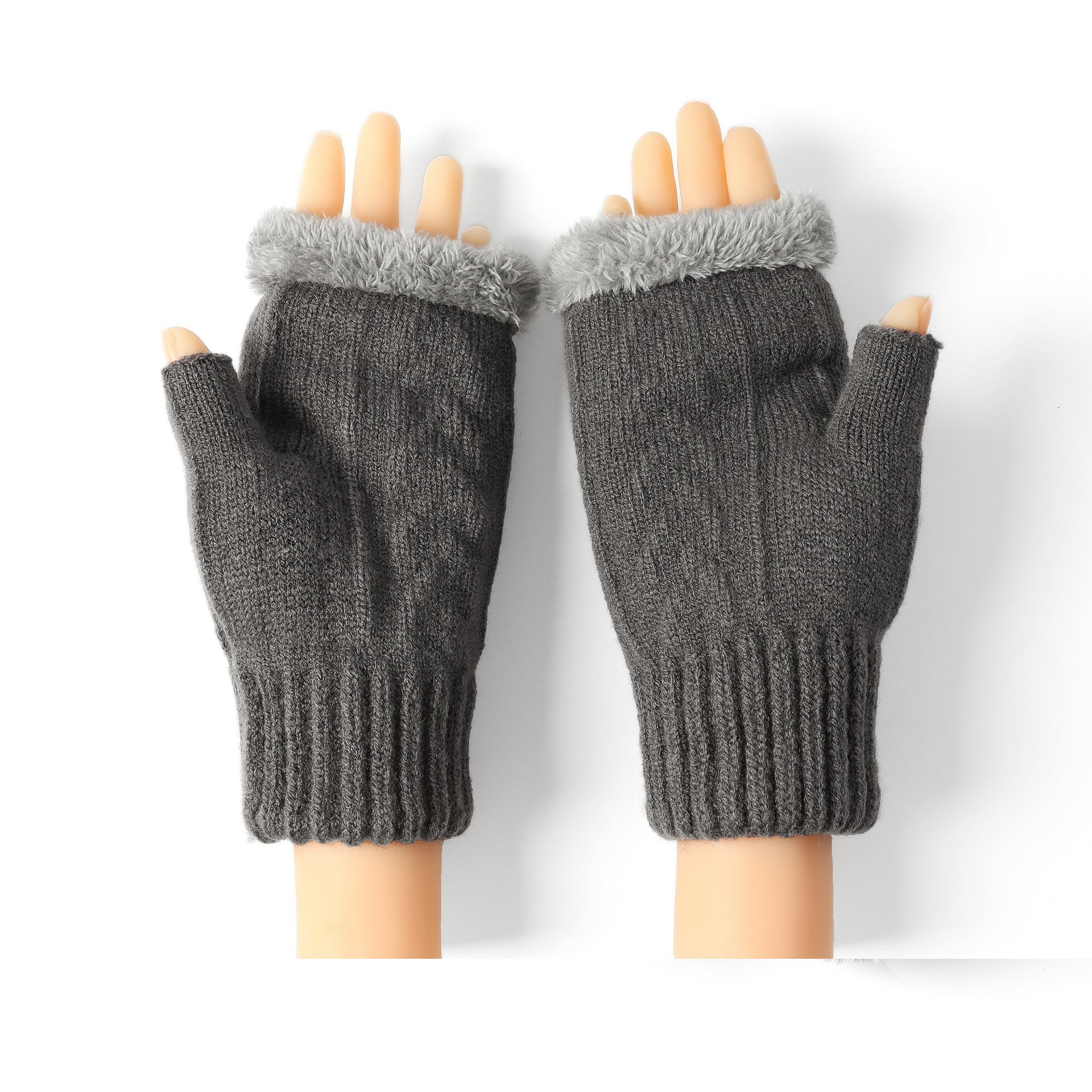 Grey EverUgg fingerless ultra plush knit gloves with ribbed cuffs, designed for warmth and comfort.