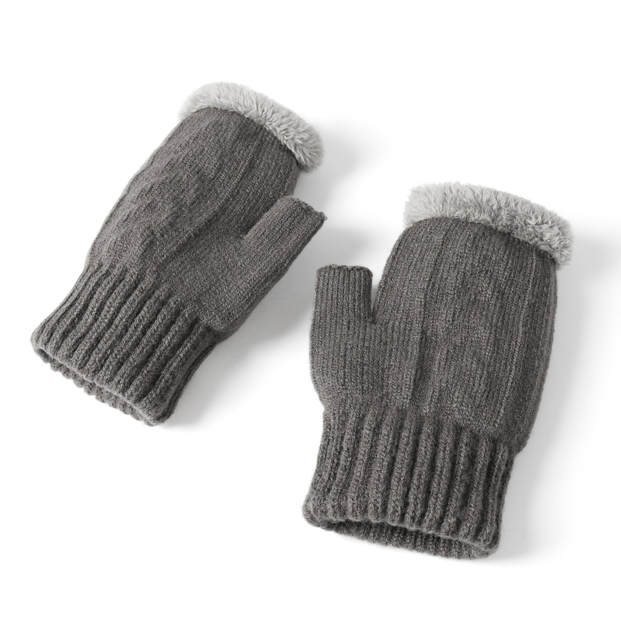Grey EverUgg fingerless plush knit gloves showing soft, cozy texture and ribbed cuffs for warmth and style.