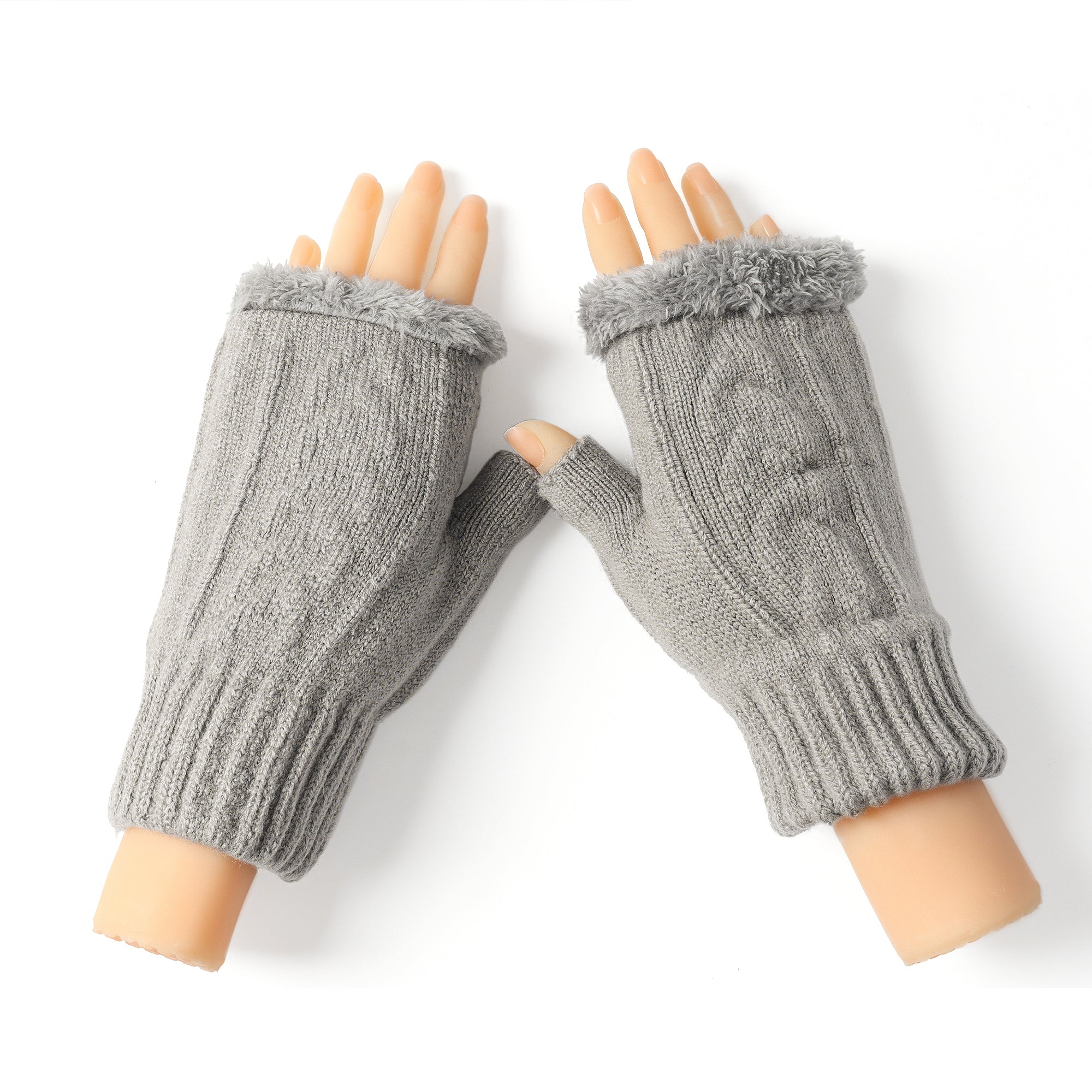 Light grey EverUgg fingerless ultra plush knit gloves showing soft, cozy fabric and stylish fingerless design.