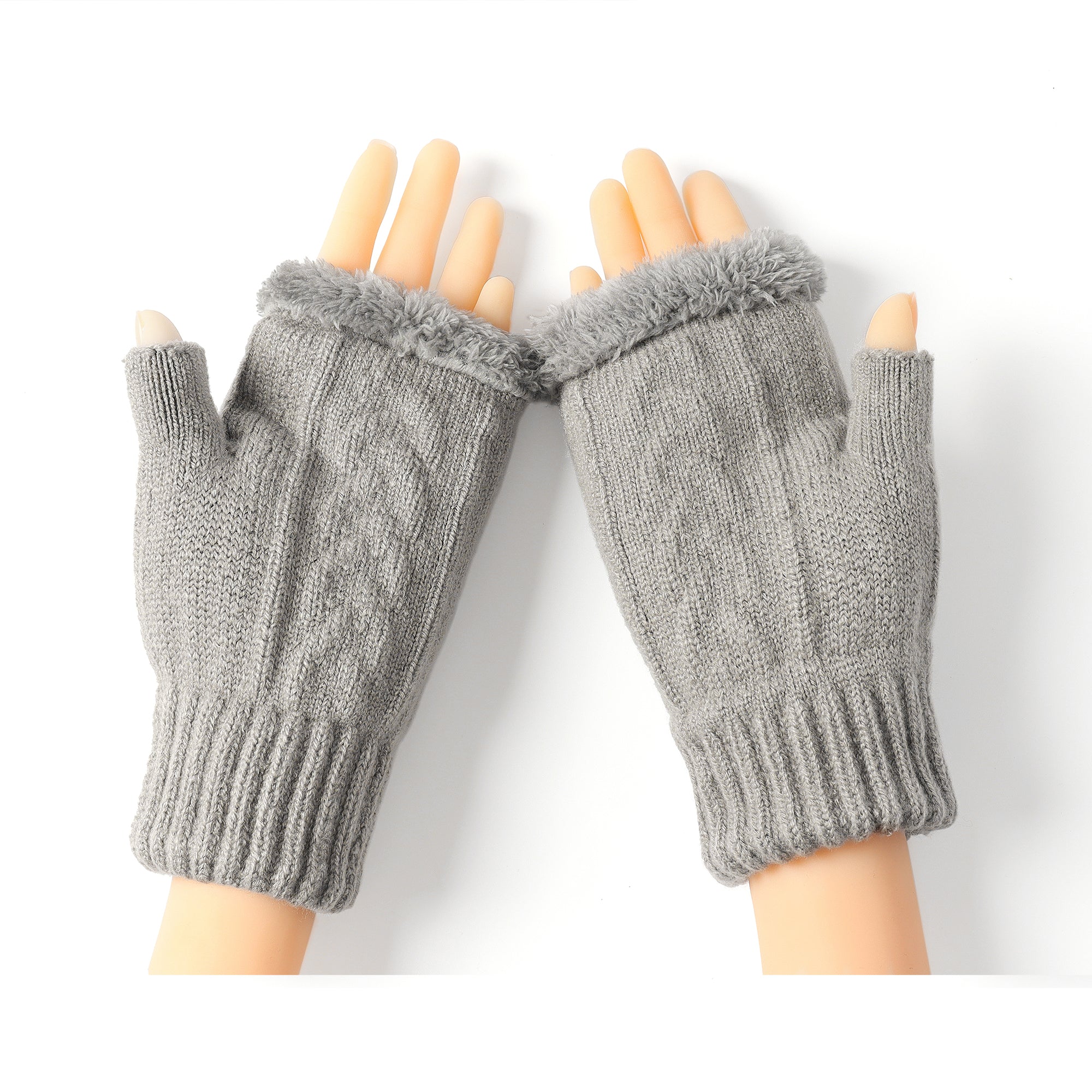 Light gray EverUgg fingerless ultra plush knit gloves showing the soft, cozy texture and open finger design.