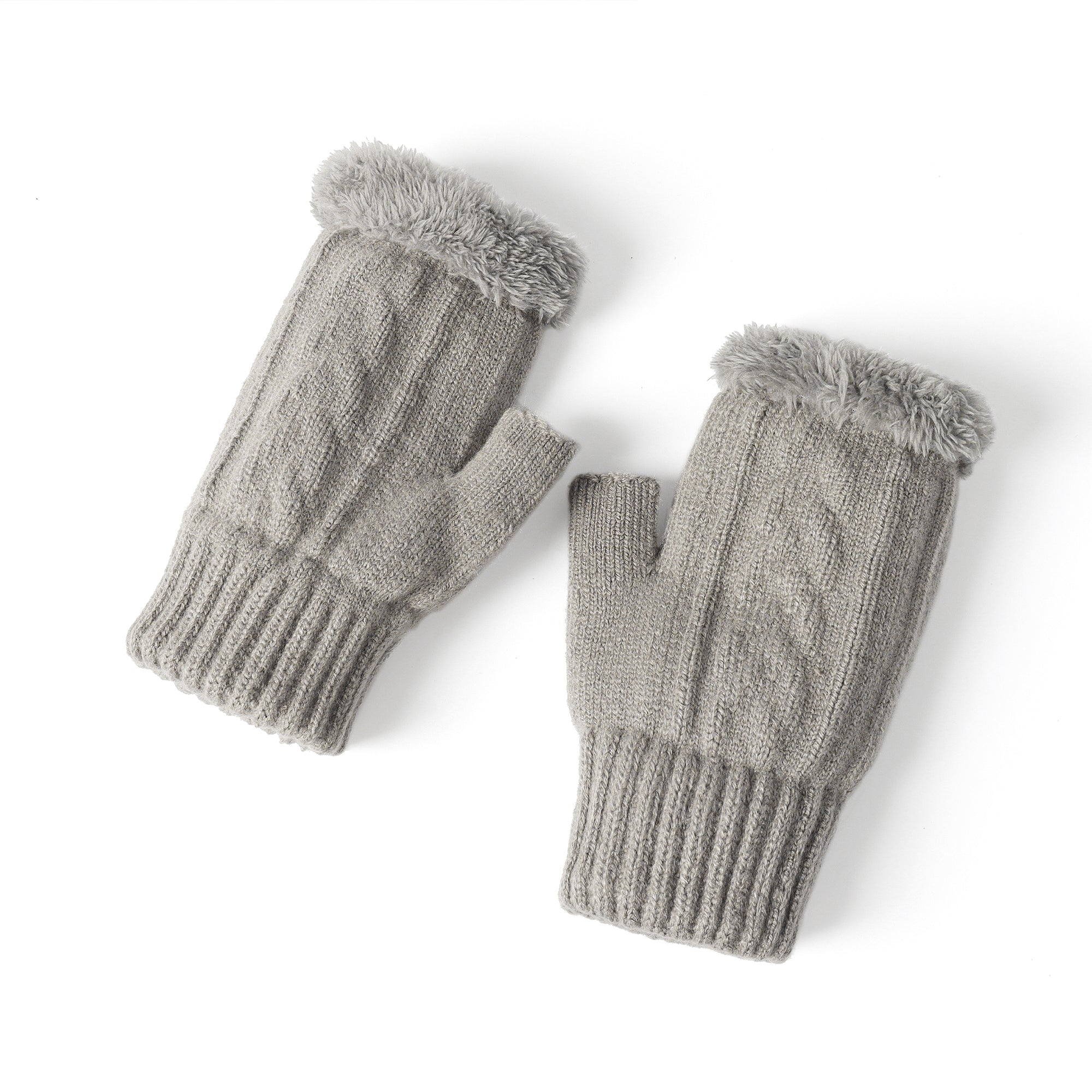 Light gray EverUgg fingerless plush knit gloves showing their soft, cozy texture and stylish design for cold weather.