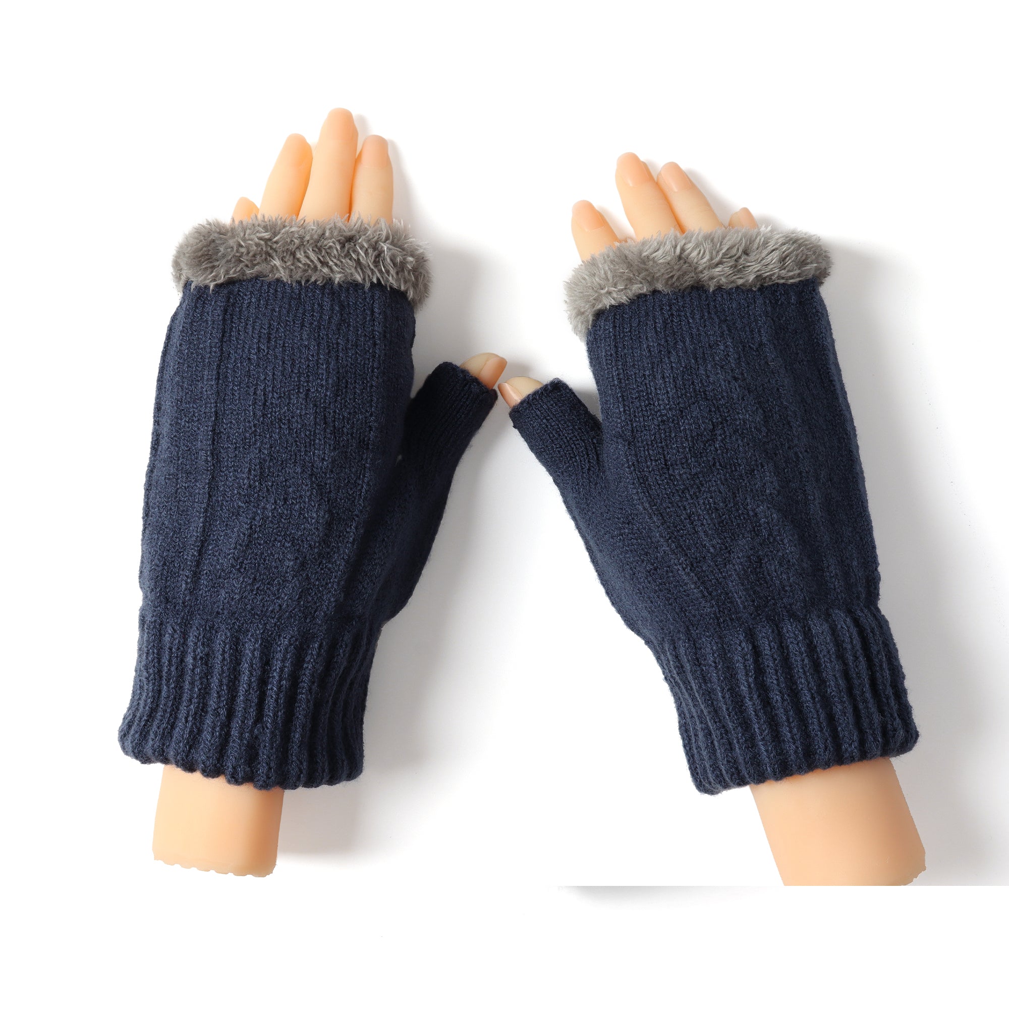 Navy fingerless ultra plush knit gloves by EverUgg, showing the soft, cozy design and textured knit pattern.