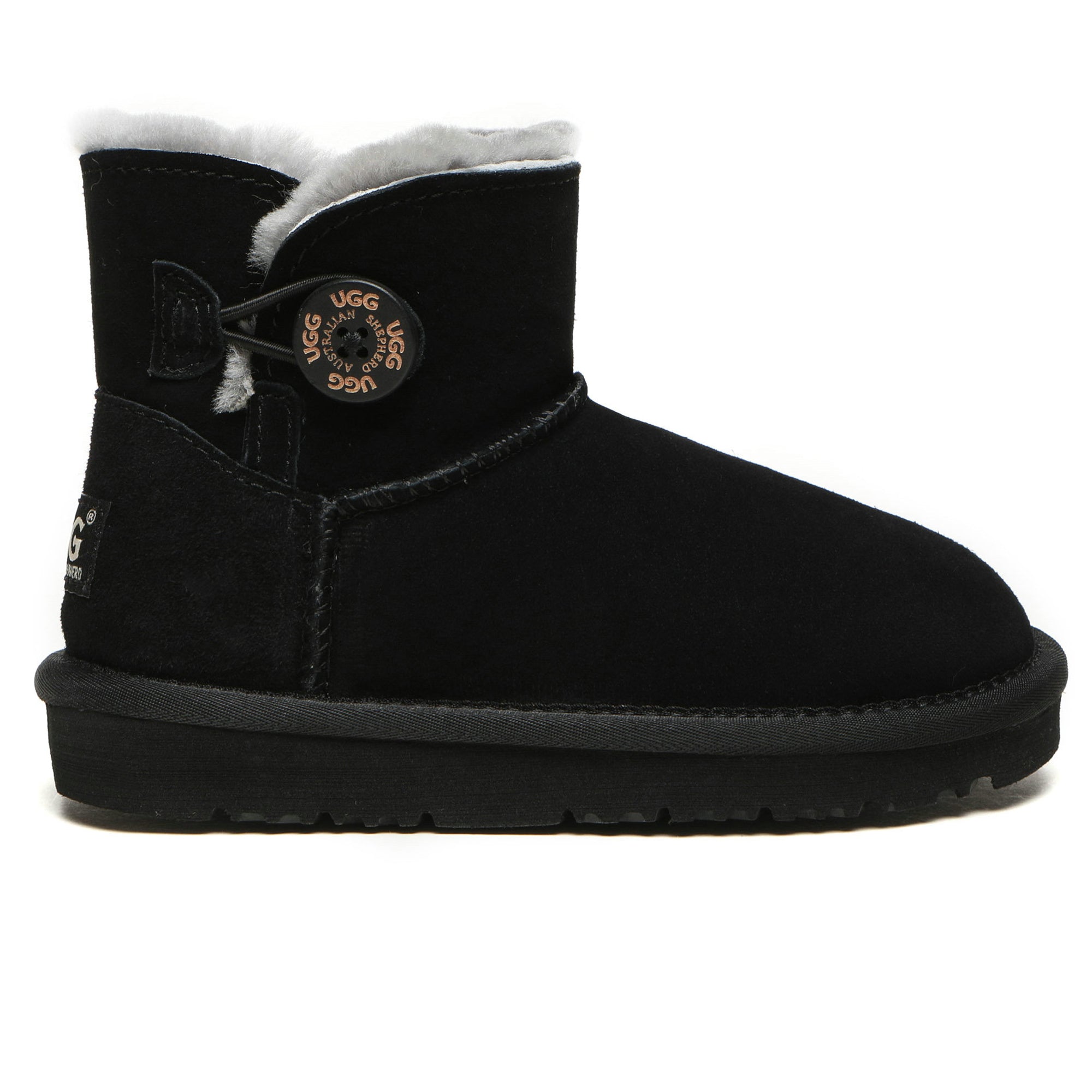 Children's EverUgg Mini Button UGG Boots with decorative buttons and cozy fur lining, ideal for kids' winter footwear.