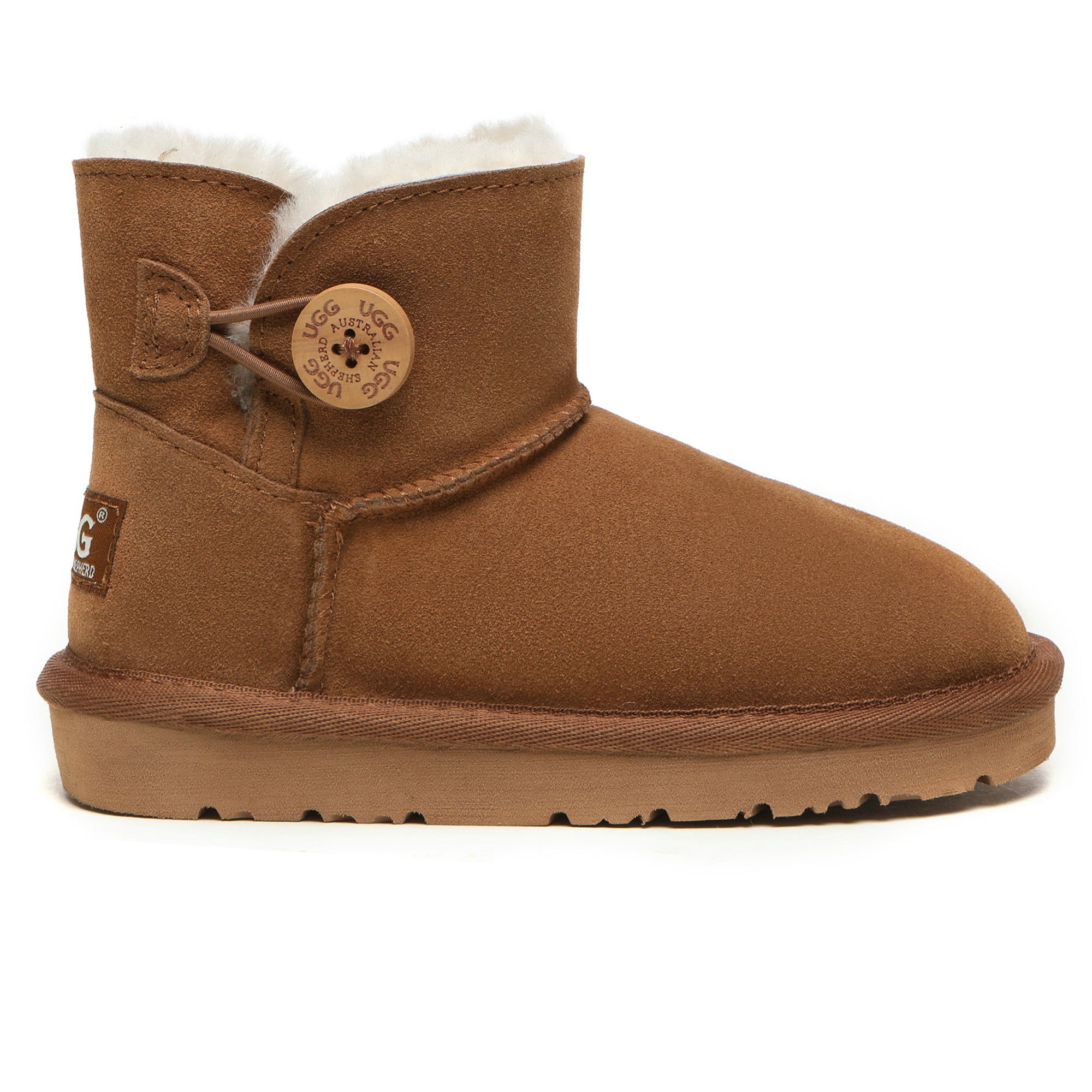 Mini Button Kids UGG Boots by EverUgg with decorative buttons and sheepskin lining, designed for young children.