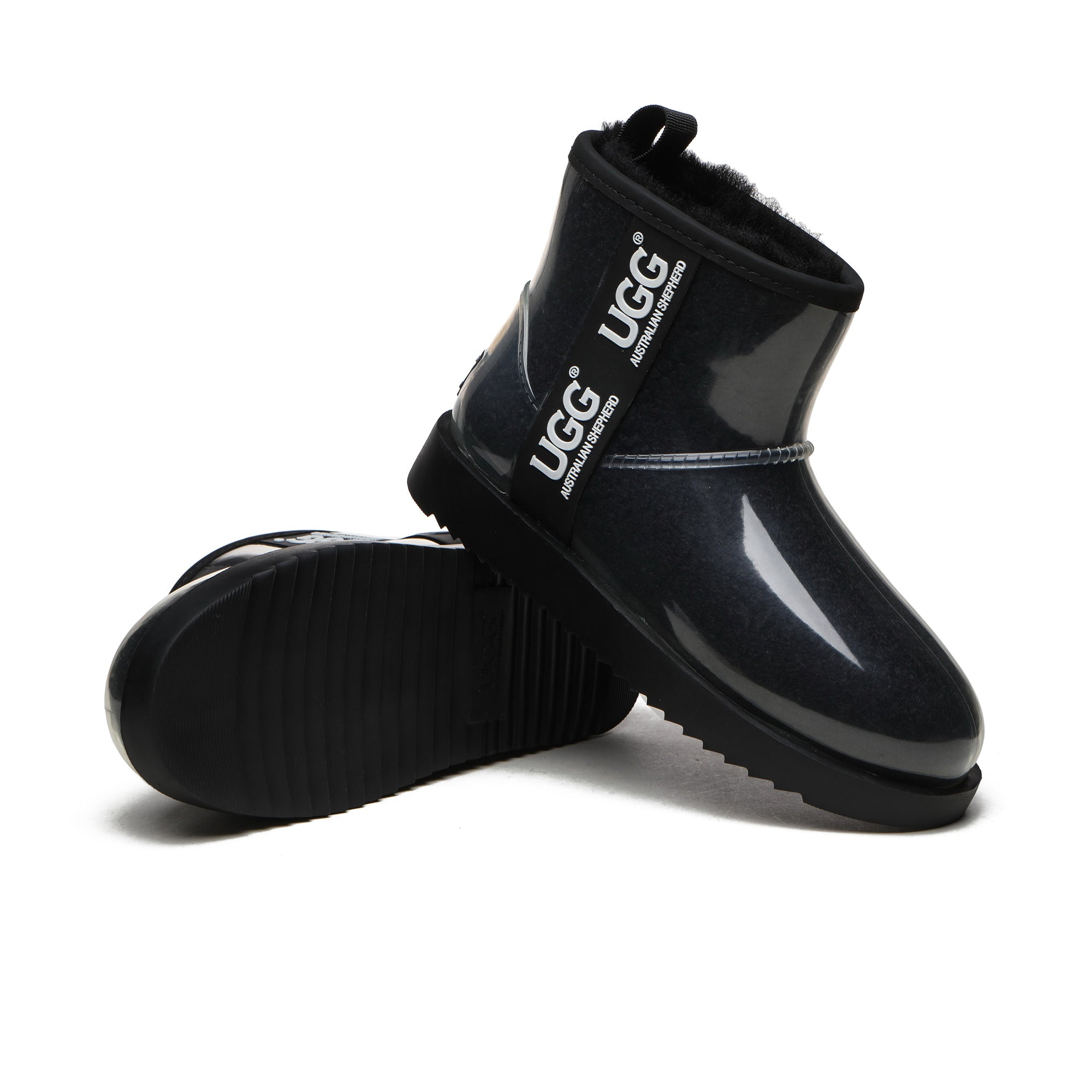 Mini clear waterproof UGG boots by EverUgg in black, featuring transparent waterproof material and classic UGG design.