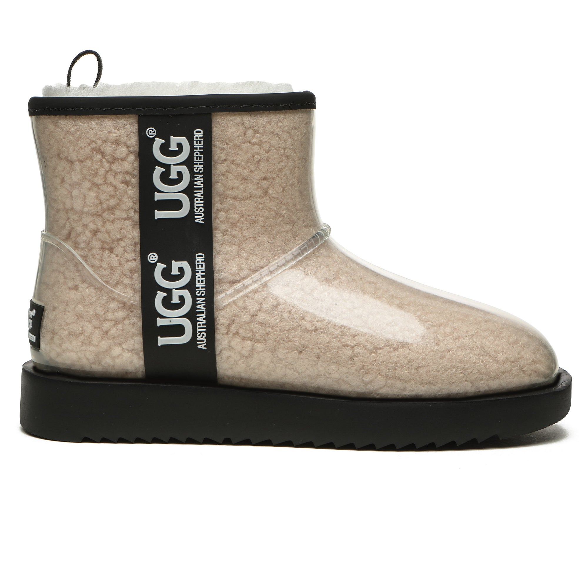 Mini clear waterproof UGG boots by EverUgg in cream color, featuring transparent design and waterproof material.