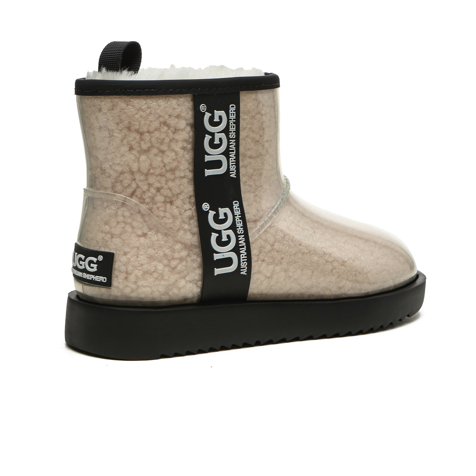 Mini Clear Waterproof UGG Boots by EverUgg in cream color, shown with transparent waterproof material and cozy interior.