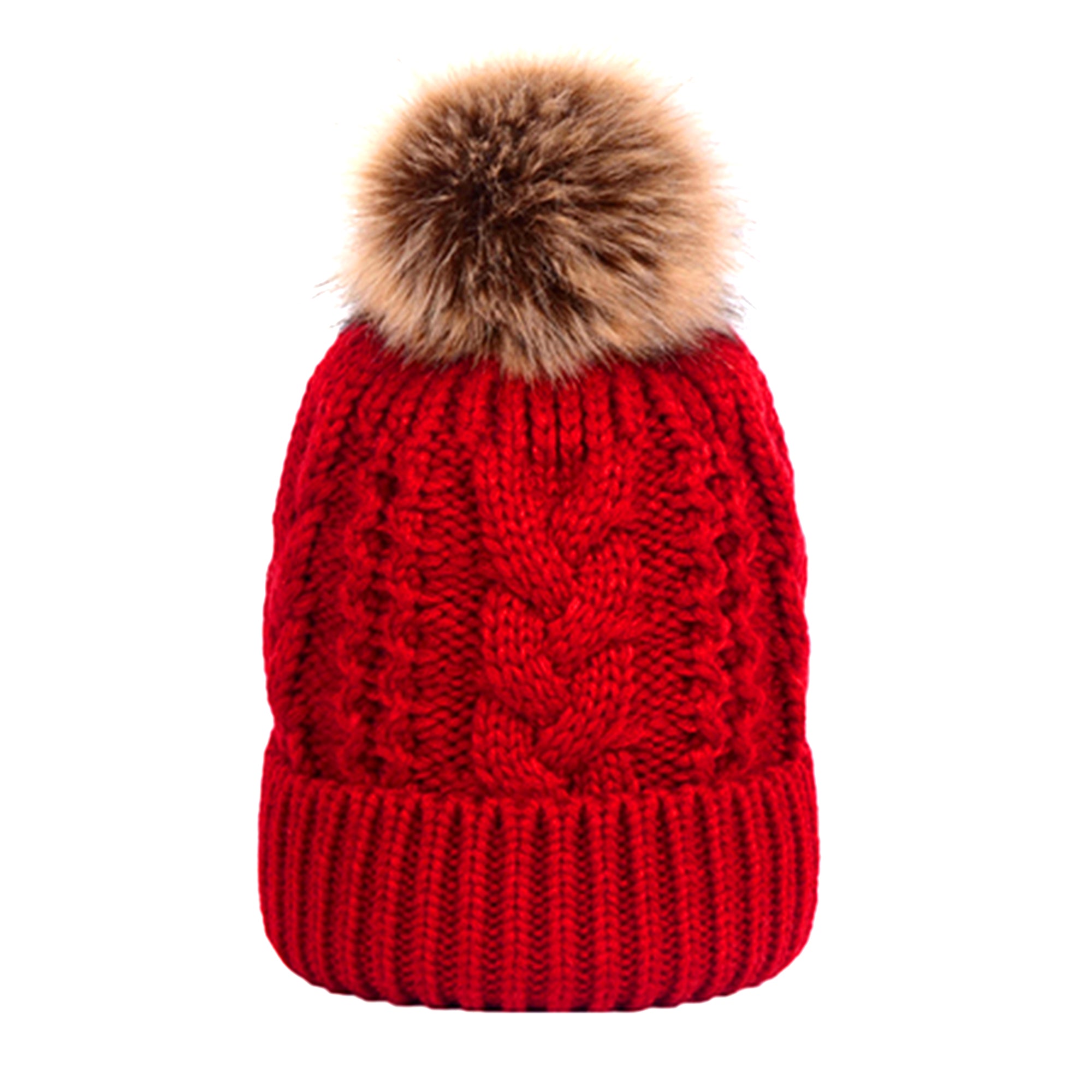 Red Snuggyz Pom Pom Beanie featuring a cozy knit design with a fluffy pom pom on top, perfect for cold weather.