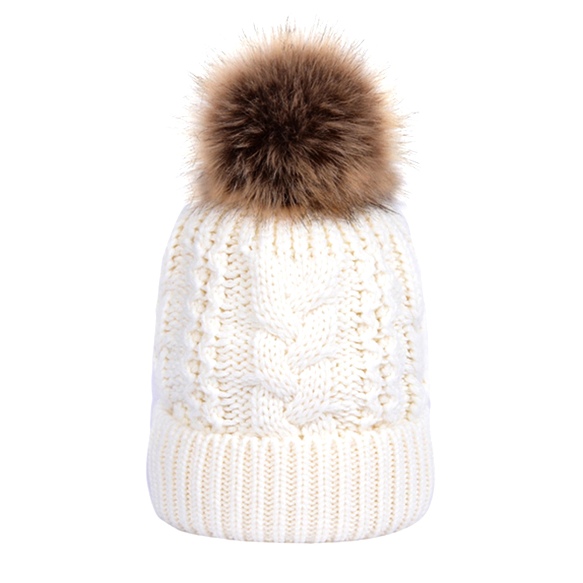 White Snuggyz Pom Pom Beanie with a soft knit fabric and playful pom pom on top, perfect for cold weather.