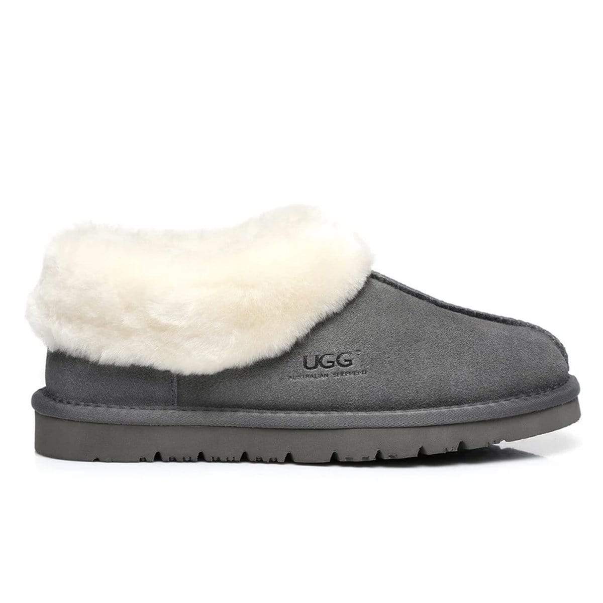 Grey EverUgg Premium Ankle UGG slippers for women and men, featuring plush interior and slip-on design for cozy comfort.