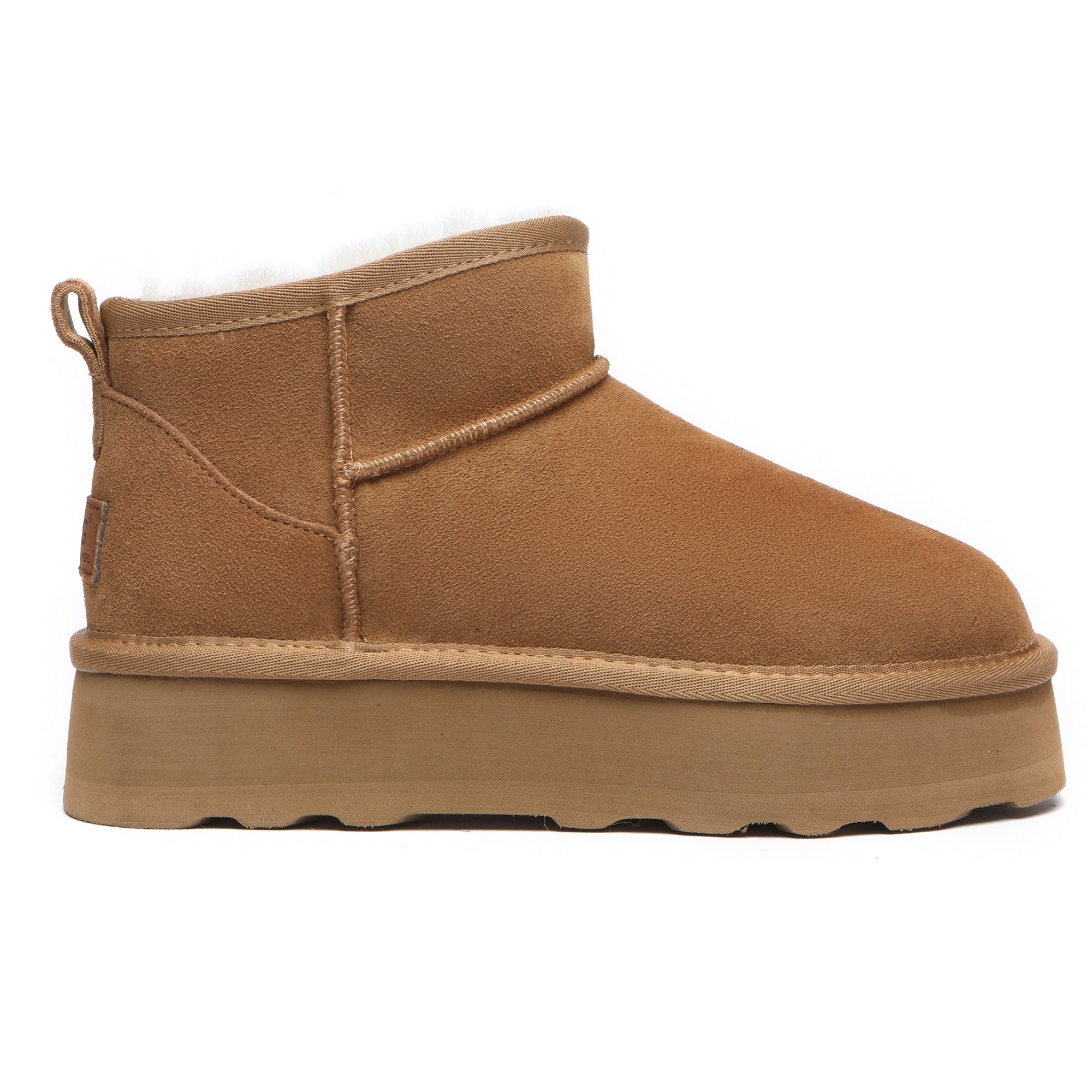 EverUgg Premium Platform Mini UGG Boots in chestnut with plush lining and chunky sole, stylish and cozy winter footwear.