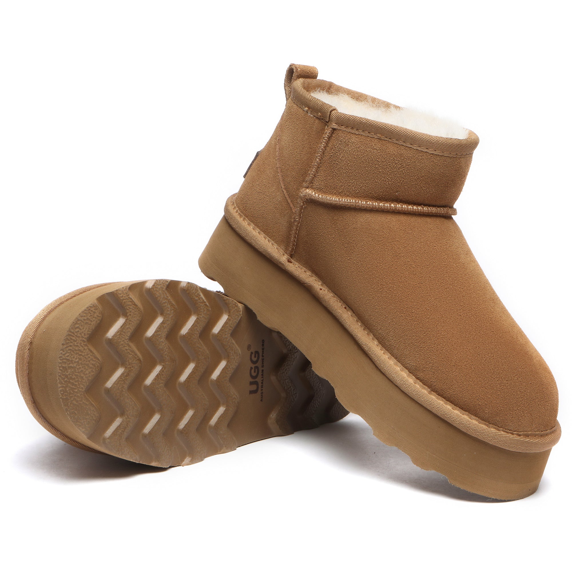EverUgg premium platform mini UGG boots with cozy fur lining and tan leather exterior, displayed on a neutral background.