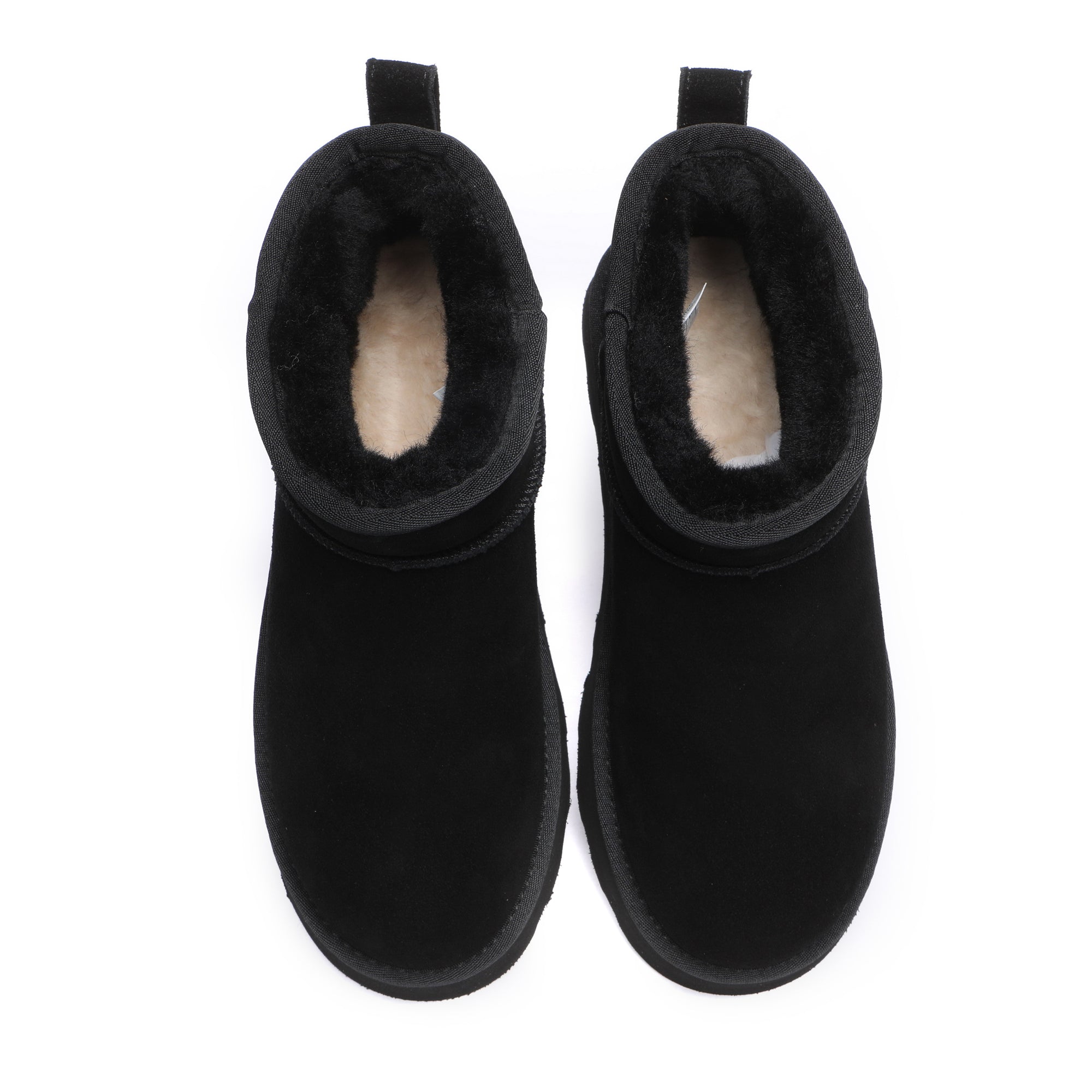 Black EverUgg Premium Platform Mini UGG Boots with cozy fur lining and chunky sole, stylish and comfortable for winter wear.
