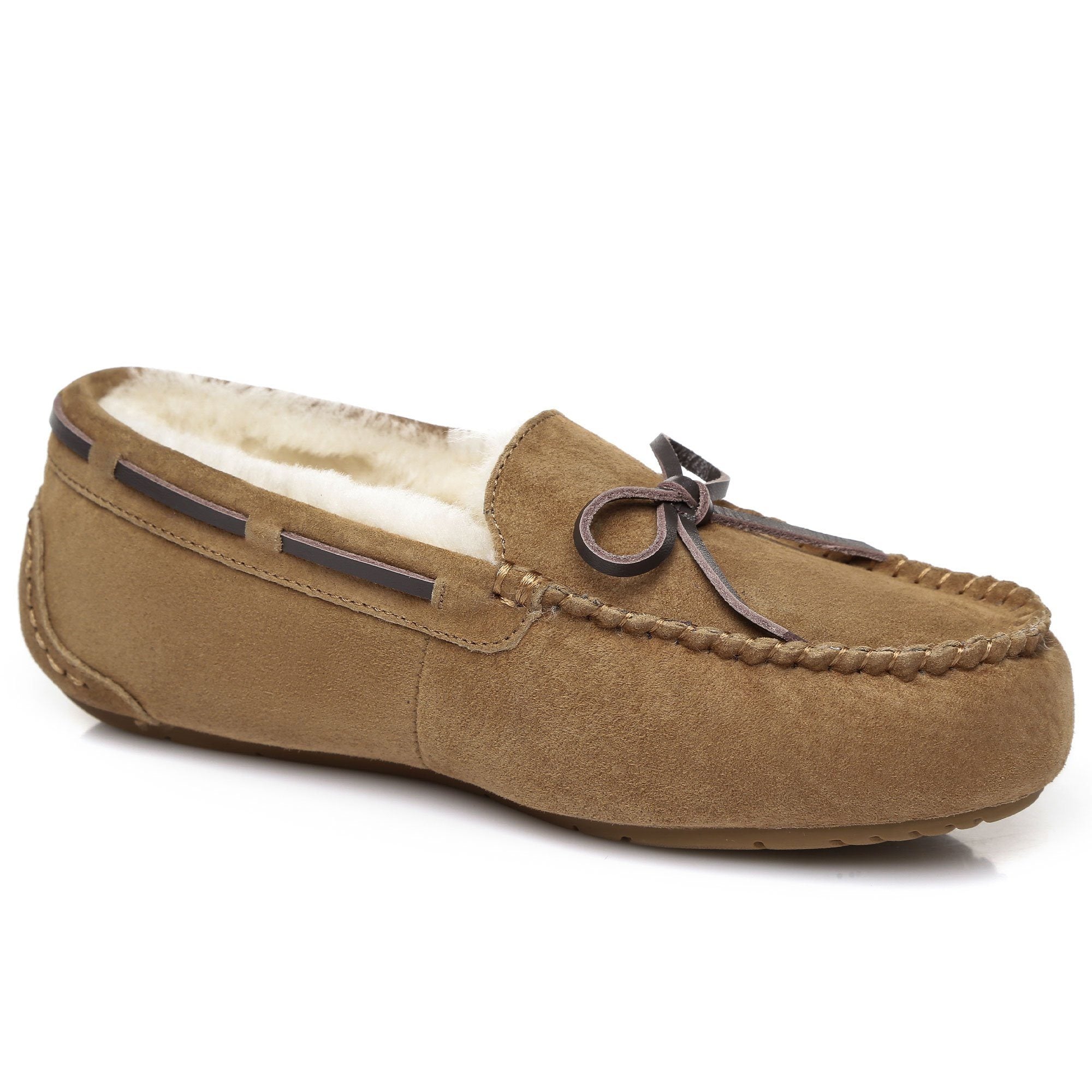 EverUgg moccasin with premium sheepskin insole, showing the soft, tan leather upper and comfortable slip-on design.