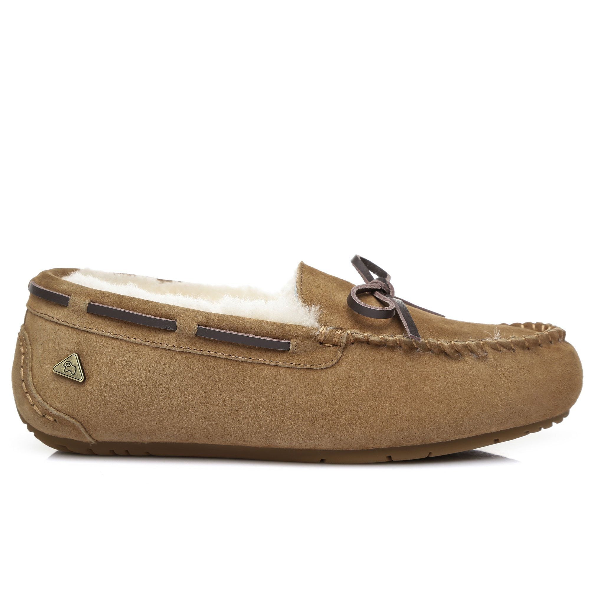 EverUgg moccasin with premium sheepskin insole, chestnut color, women's and men's loafer shoe interior detail