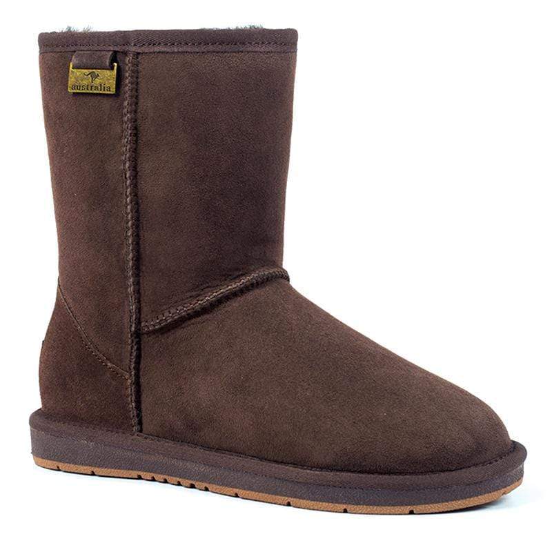 A pair of chocolate Auzland Premium Short Classic UGG Boots for women, showing the cozy, stylish exterior and ankle height.