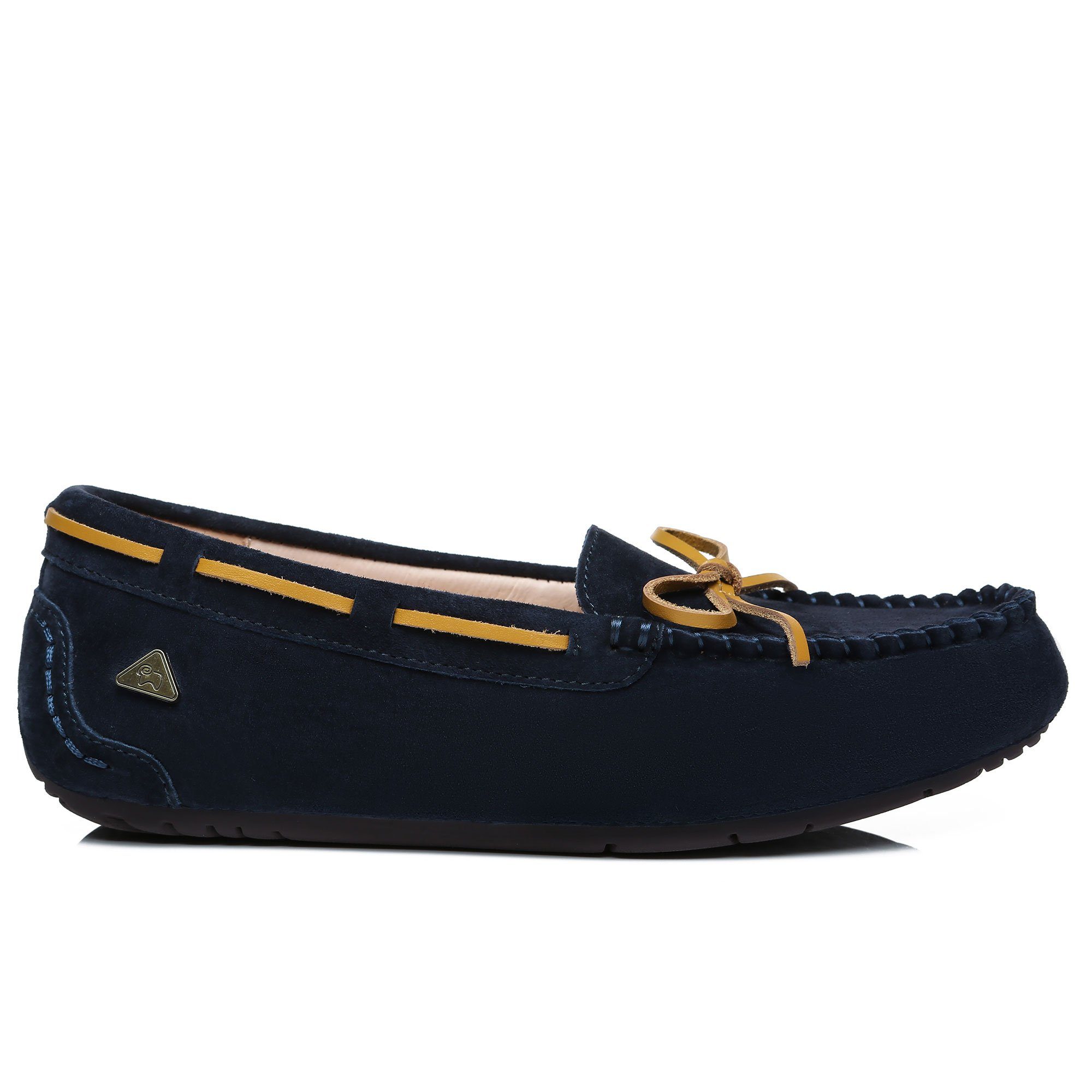 Navy blue EverUgg Premium Summer Moccasin for women, showcasing soft leather upper and comfortable slip-on design.