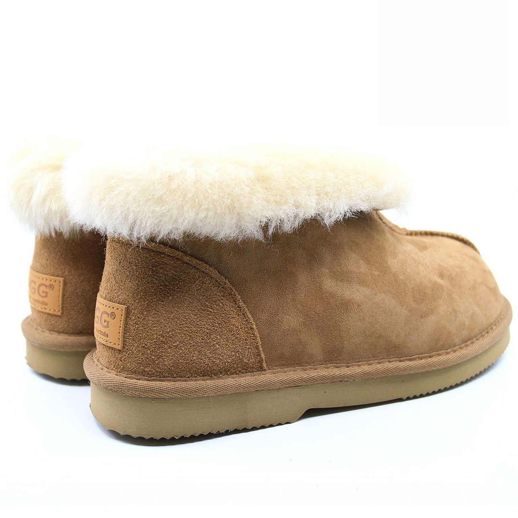 Auzland Premium UGG ankle slippers for women, Australian-made, featuring soft fabric and cozy design, ideal for indoor comfort.
