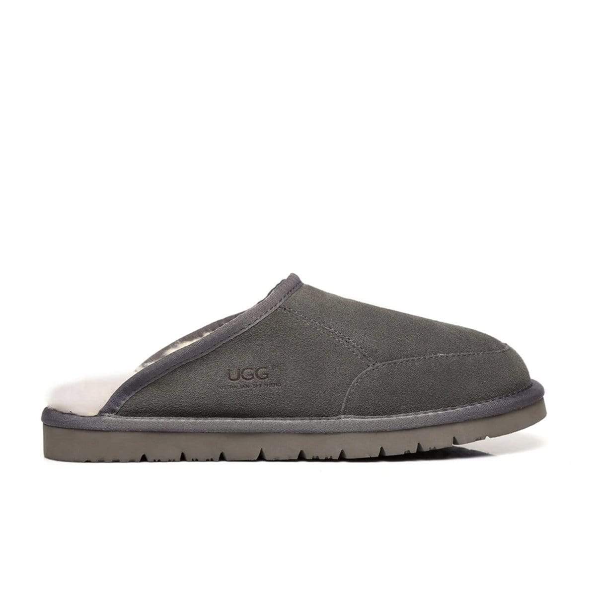 EverUgg men's grey ultra comfy slippers with plush interior, slip-on style, and durable sole for cozy indoor wear.